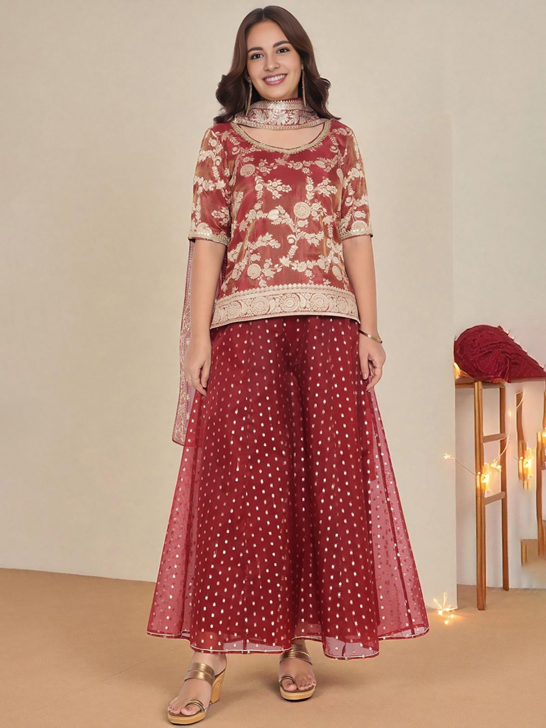 AURELIA Women Woven Design Regular Lace Jaquard Kurti & Palazzos With Dupatta