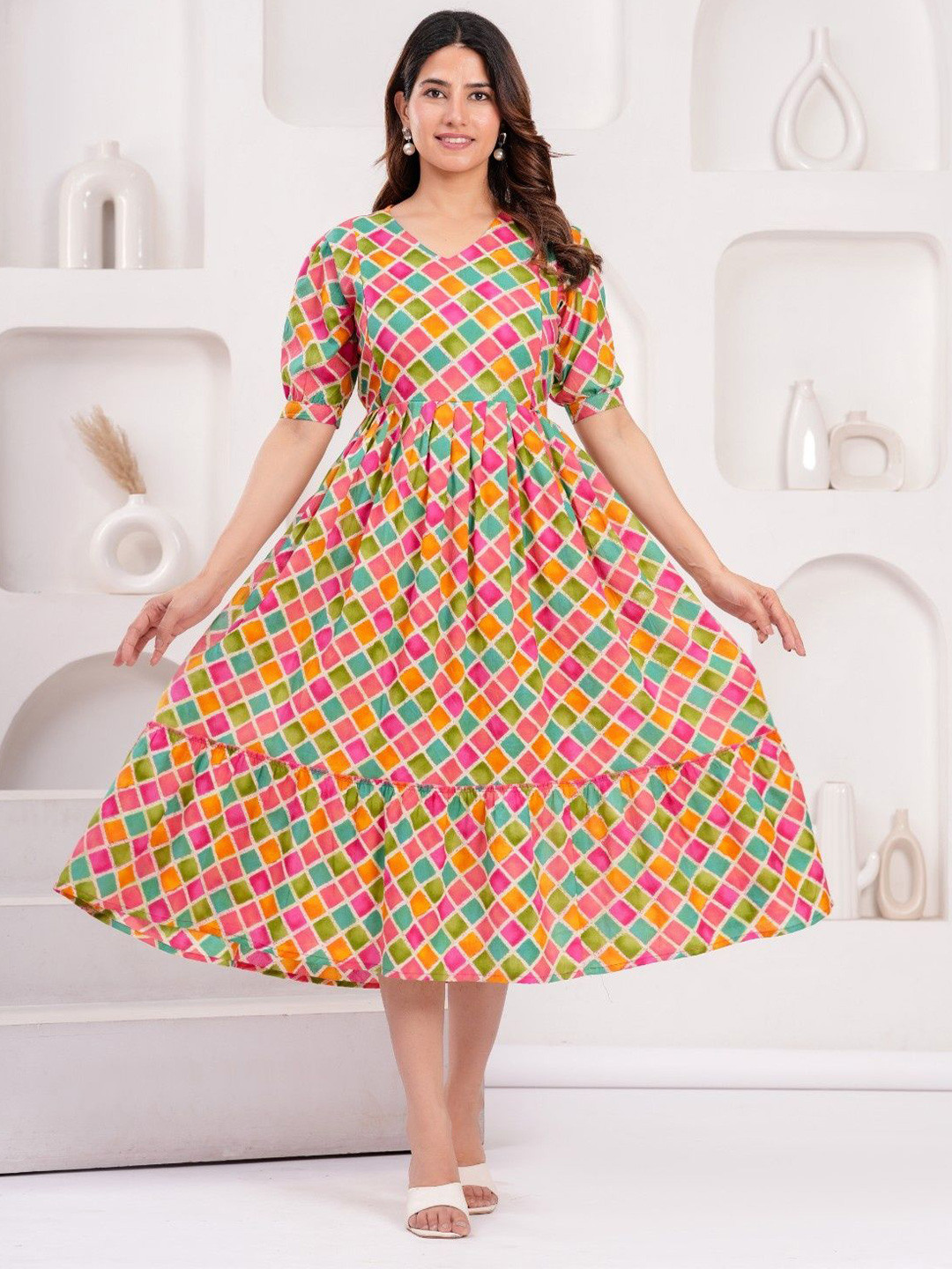 UrbanRang Women Printed Puff Sleeve Maternity Pure Cotton Fit and Flare Midi Dress