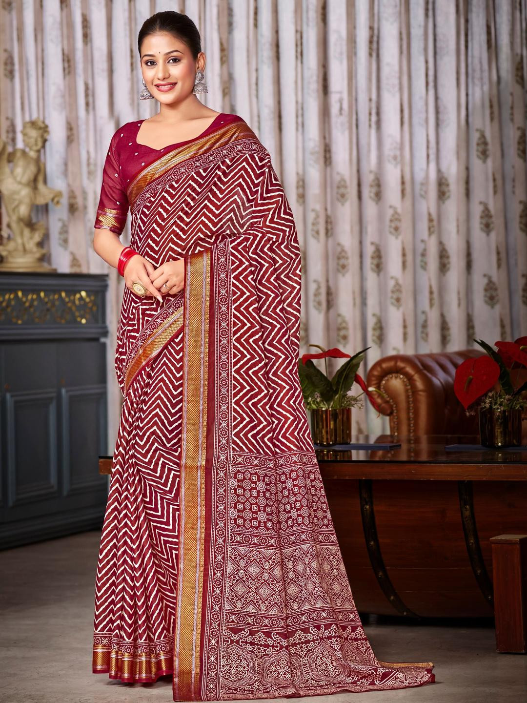 Munir Ajrak Printed Zari Work Pure Cotton Bagru Saree With Blouse