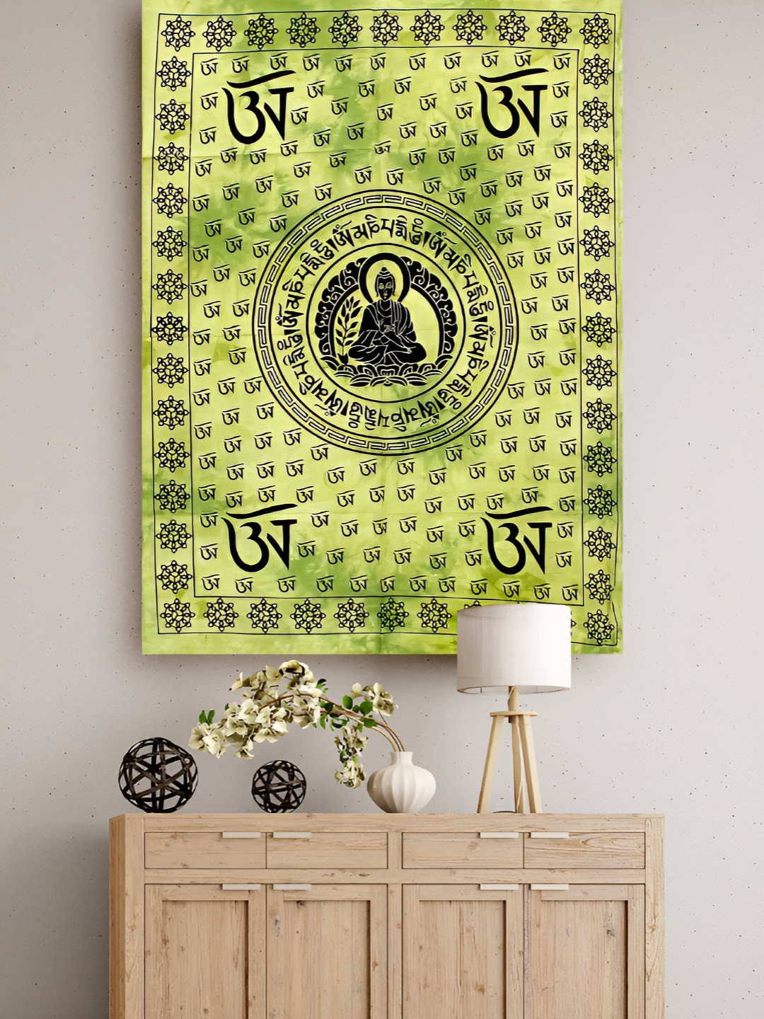 HANDICRAFT PALACE Green & Black Lord Buddha Printed Pure Cotton Wall Hanging Tapestry