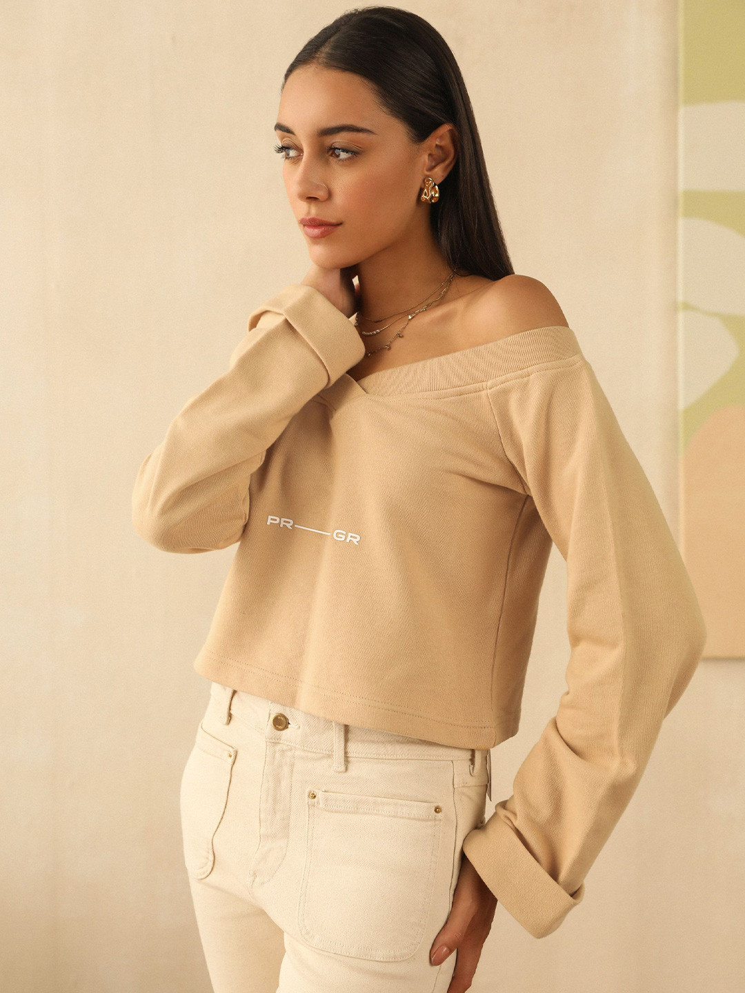 PRIMAL GRAY Self Design Off-Shoulder Crop Top