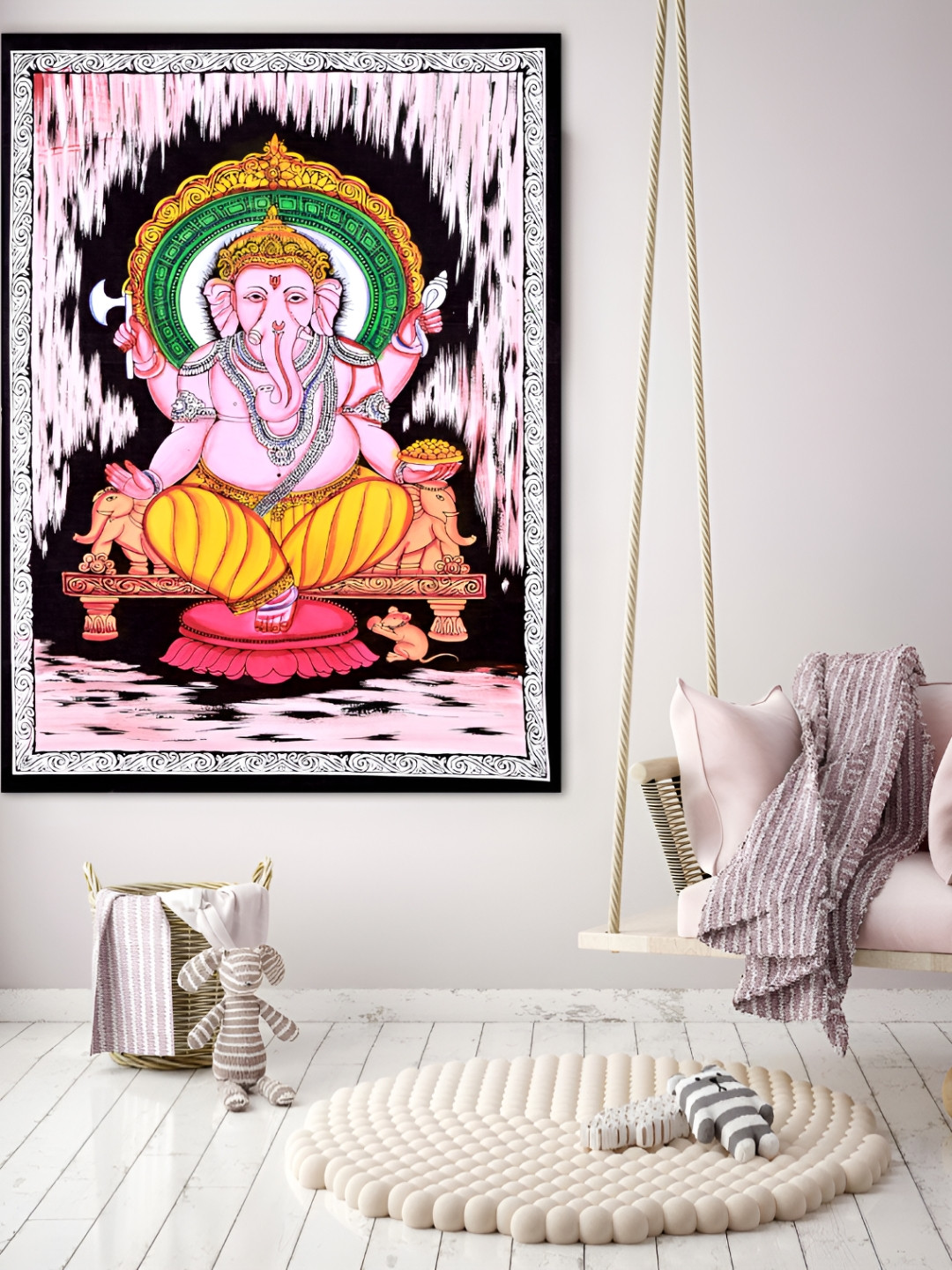 HANDICRAFT PALACE White & Pink Lord Ganesha Printed Pure Cotton Wall Hanging Tapestry