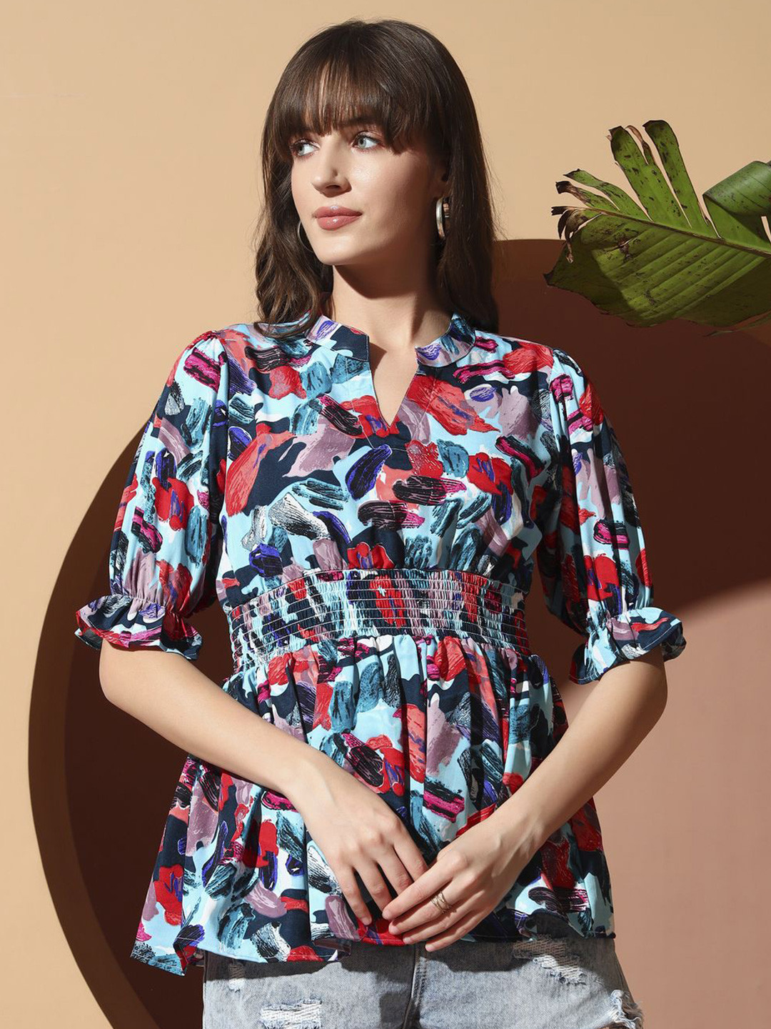 ZWERLON Women Abstract Printed Mandarin Collar Puff Sleeve Smocked Peplum Top