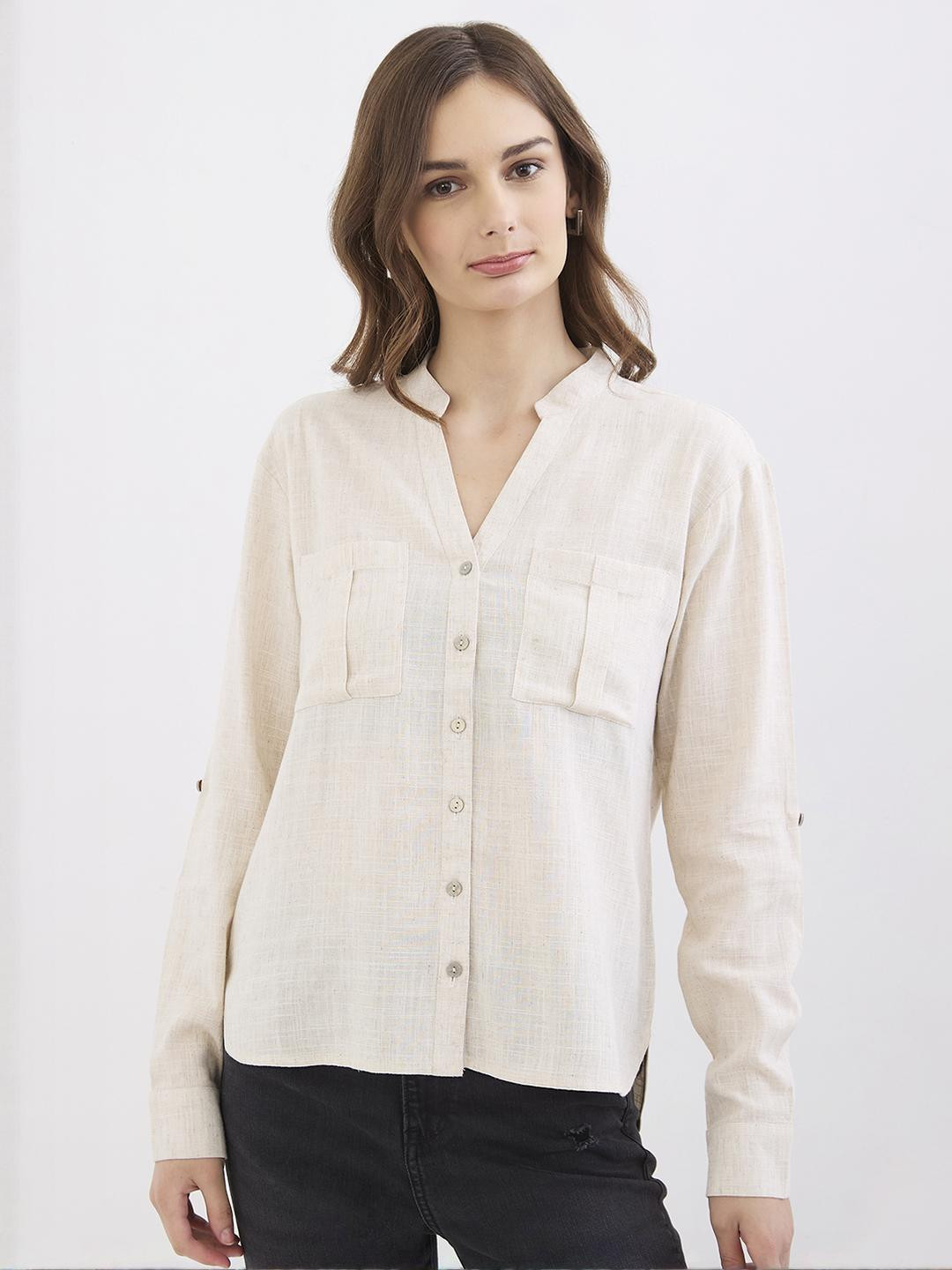 SPYKAR Women White Cotton Linen Casual Shirts