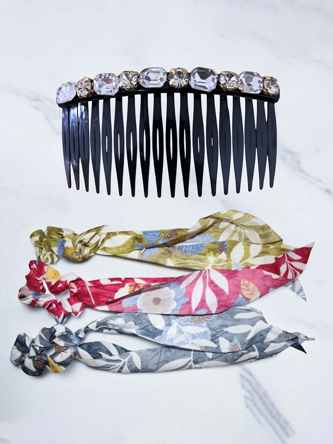 Jolly Faces Black Stone Hairclip & Multicolour Scrunchies Combo Pack of 4