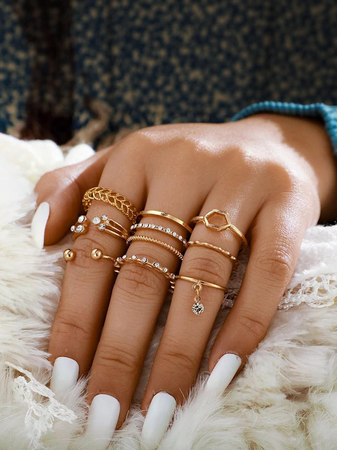 TheVineGirl Women 8 Pcs White Crystal Drop Heart Ring Set