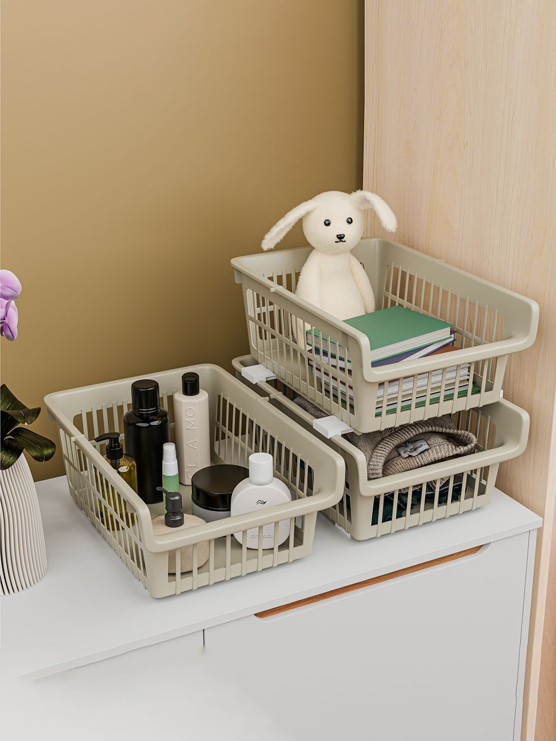 Kuber Industries Beige 3 Pieces Stackable Drawer Organisers