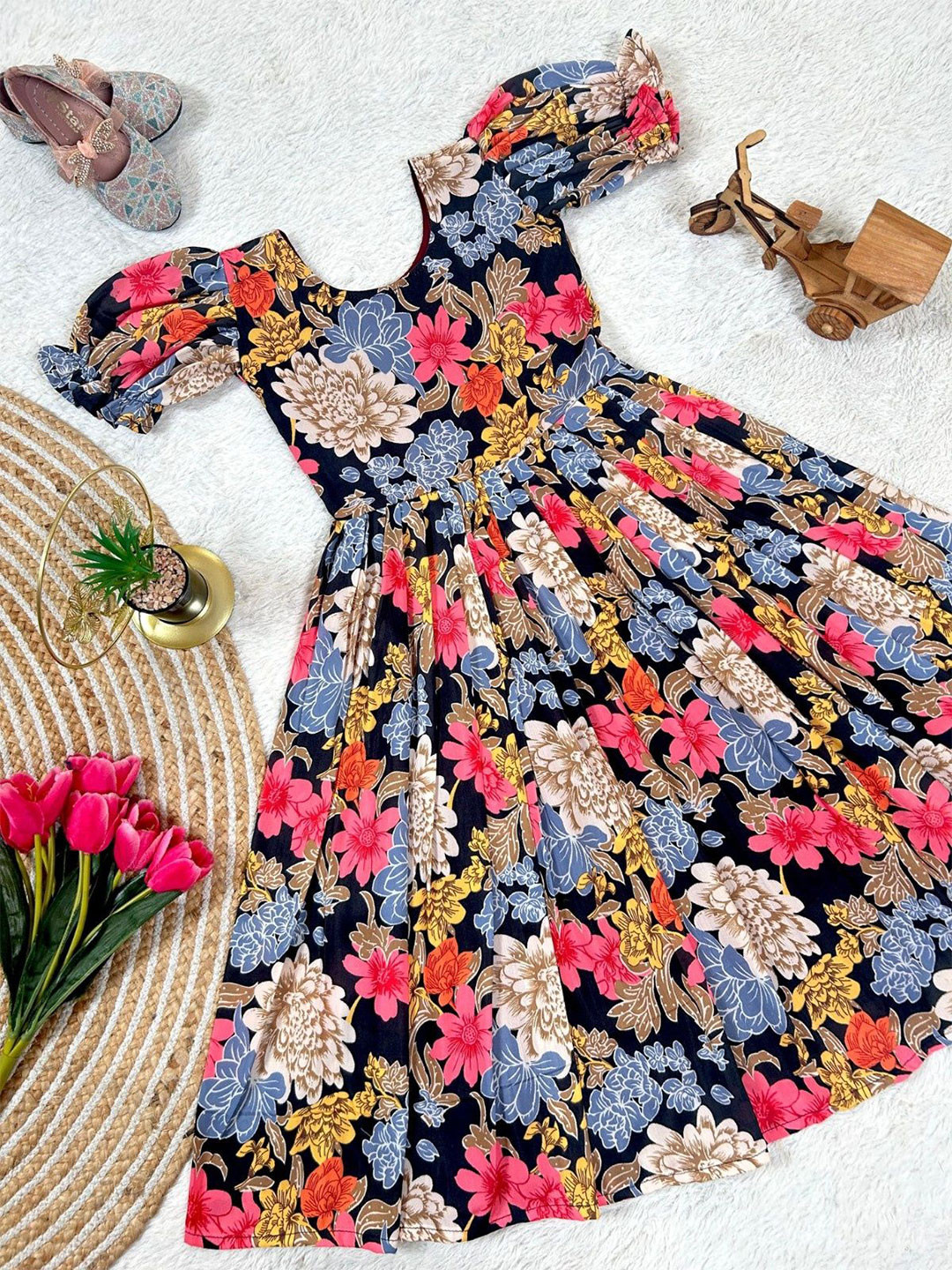 TOONKY Girls Floral Printed Cotton Fit and Flare Dress