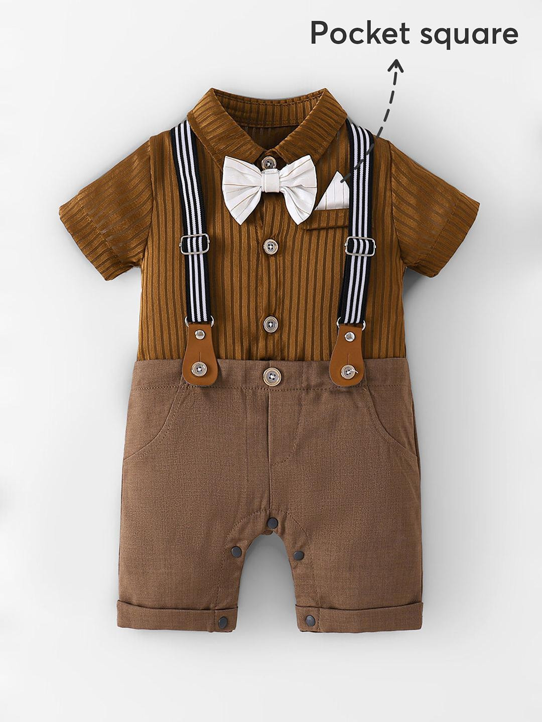 Hopscotch Boys Striped Cotton Romper With Bow Tie And Suspenders