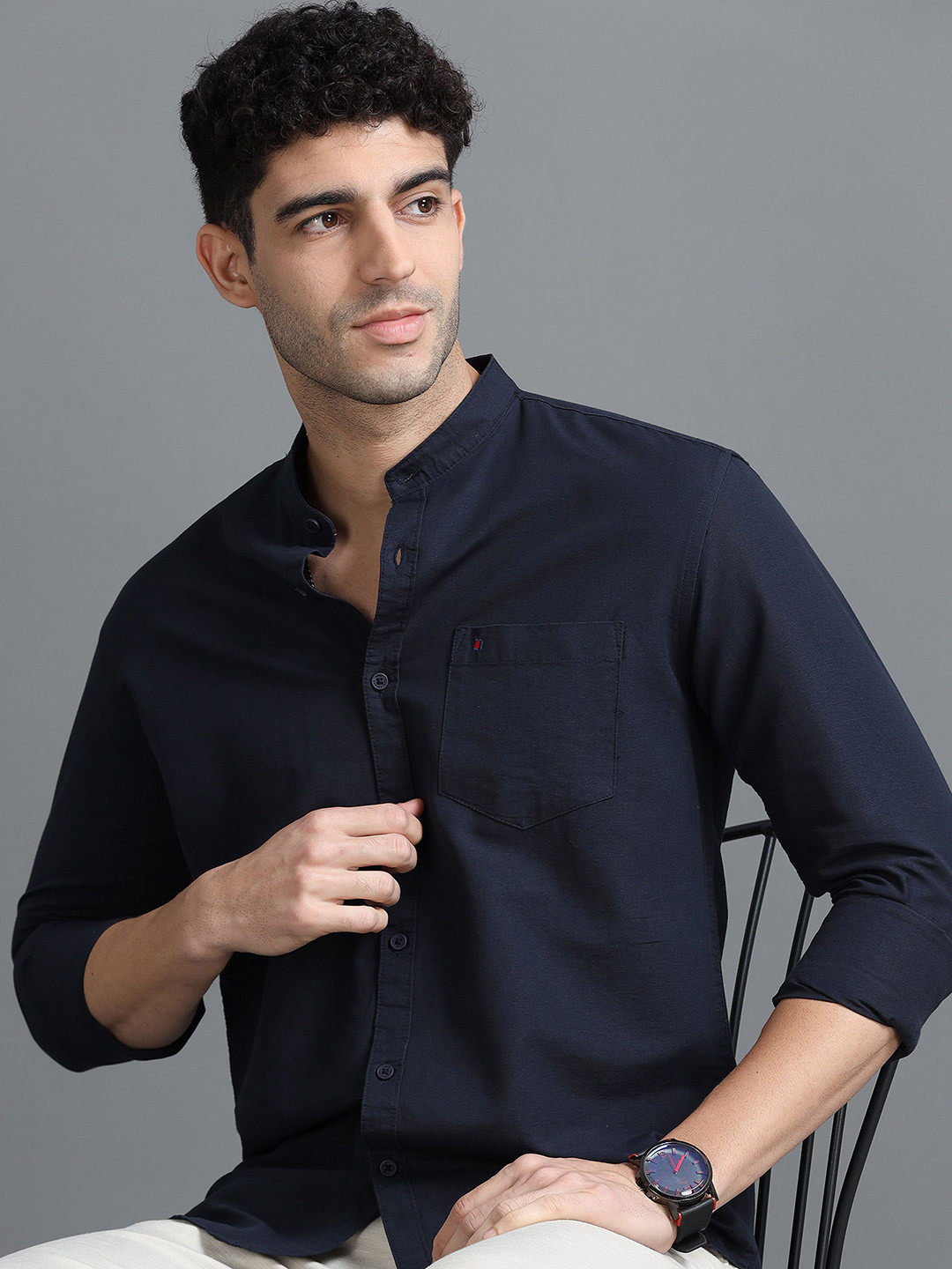 COOL COLORS Men Slim Fit Solid Band Collar Cotton Casual Shirt