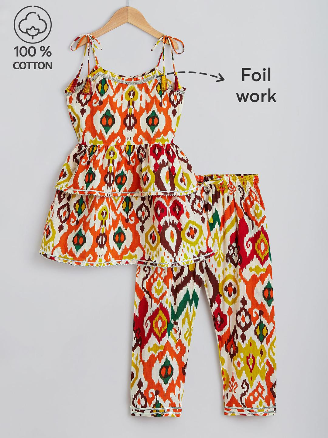 Hopscotch Girls Ethnic Motifs Printed  Pure Cotton A-Line Kurta with Trousers