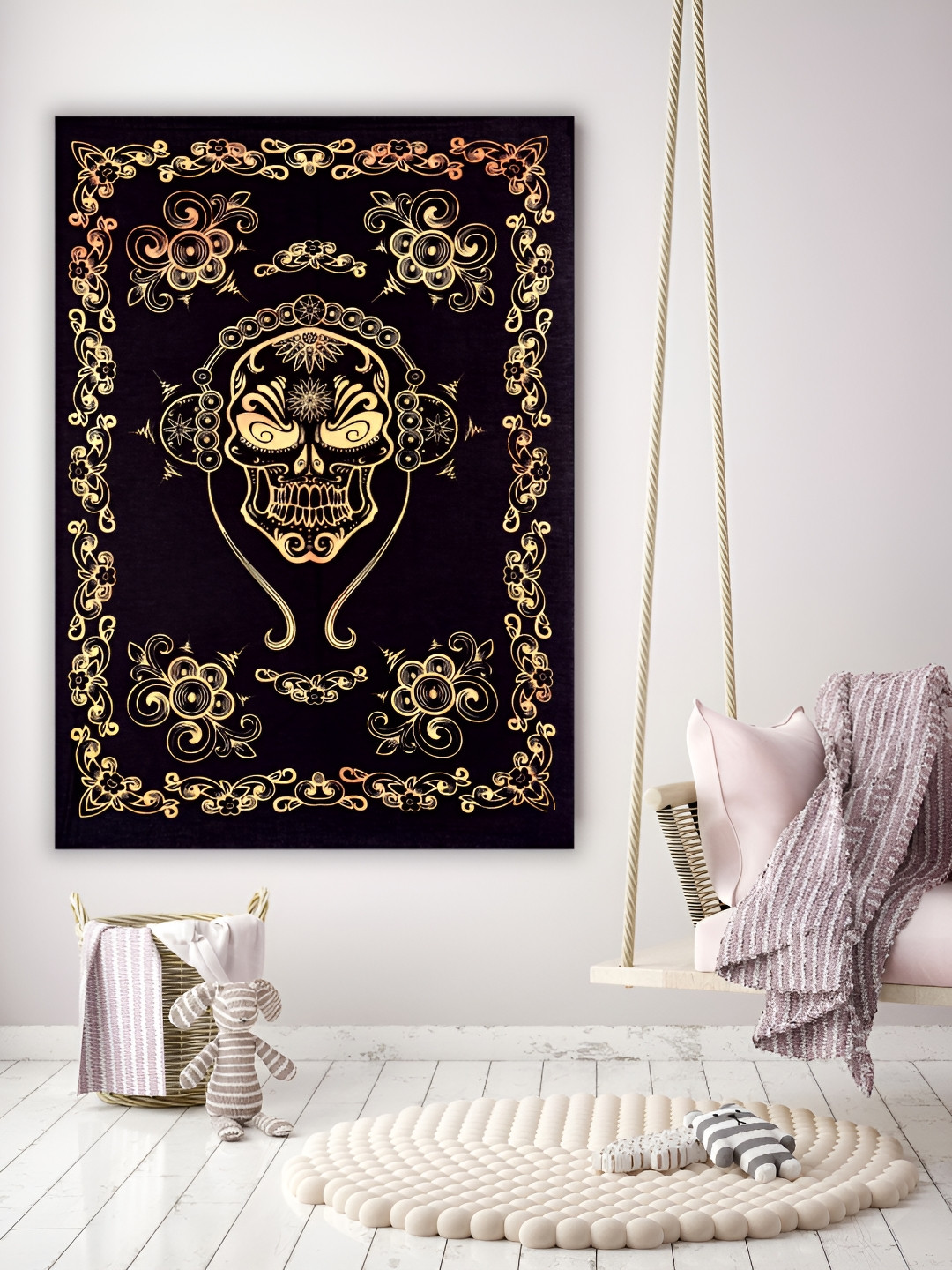 HANDICRAFT PALACE Yellow & Black Music Skull Printed Pure Cotton Wall Hanging Tapestry