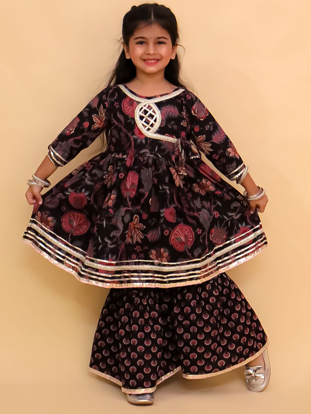 The Mom Store Girls Kaali Katha Block Printed Anarkali Sharara Kurta Set