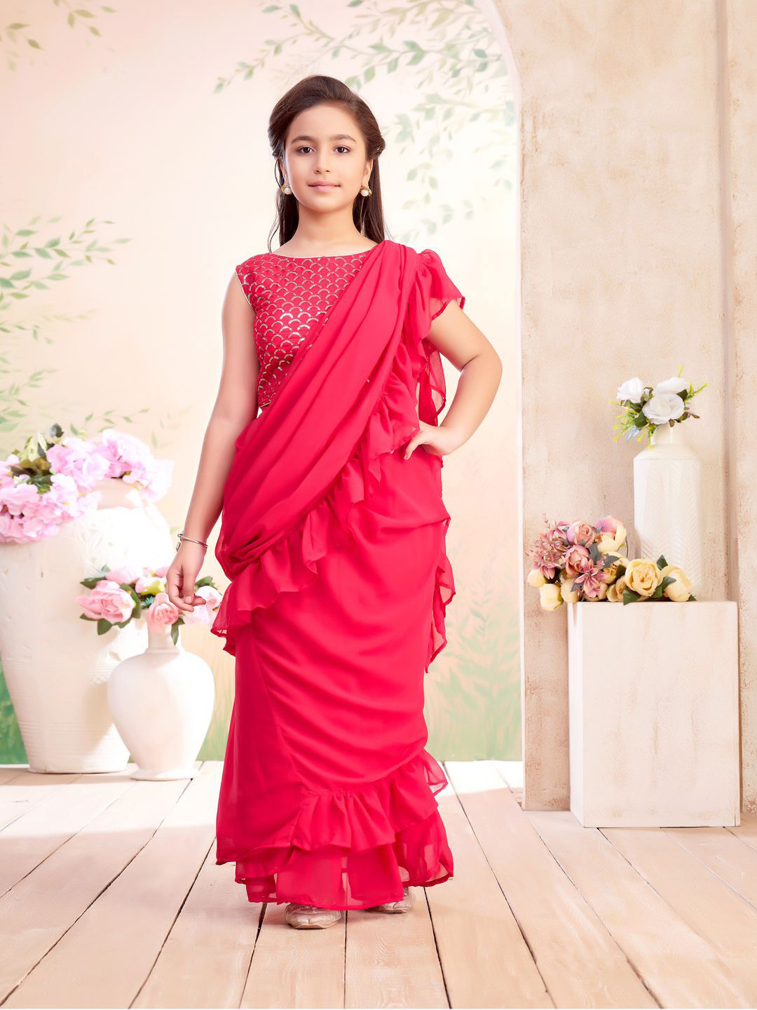 BAESD Girls Sequinned Lehenga Saree With Ruffles Attachable Dupatta