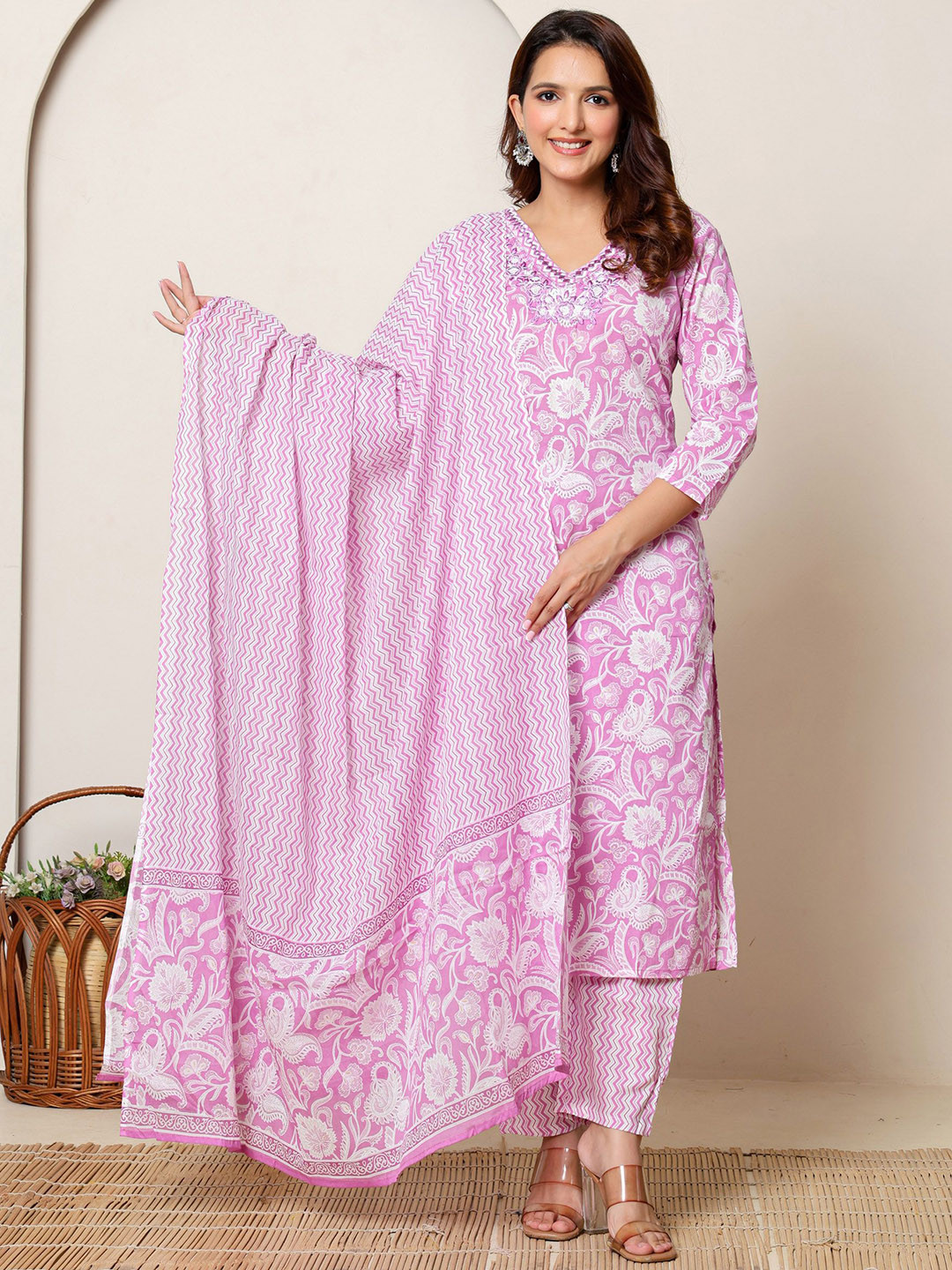 RangRaazi Women Ethnic Motifs Printed Pure Cotton Kurta with Trousers & Dupatta