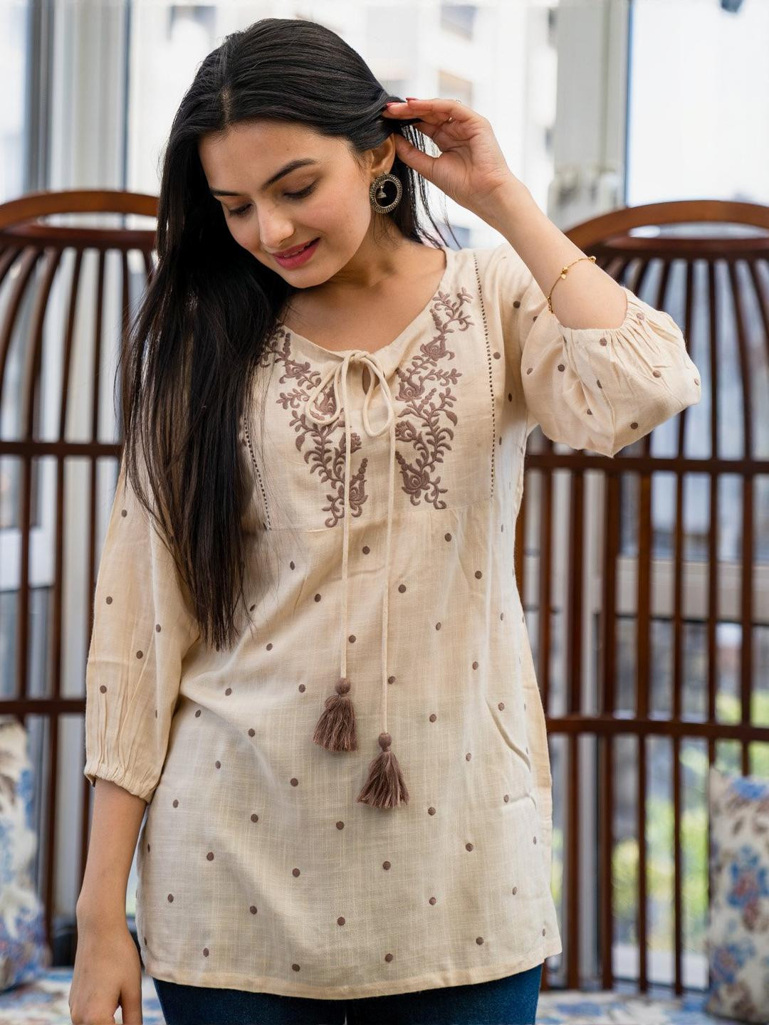 RR SA KURTIS Women Off White Viscose Rayon Embroidered Tops