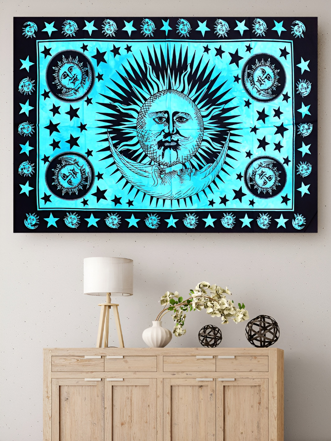 HANDICRAFT PALACE Turquoise Blue Sun Moon Printed Pure Cotton Wall Hanging Tapestry