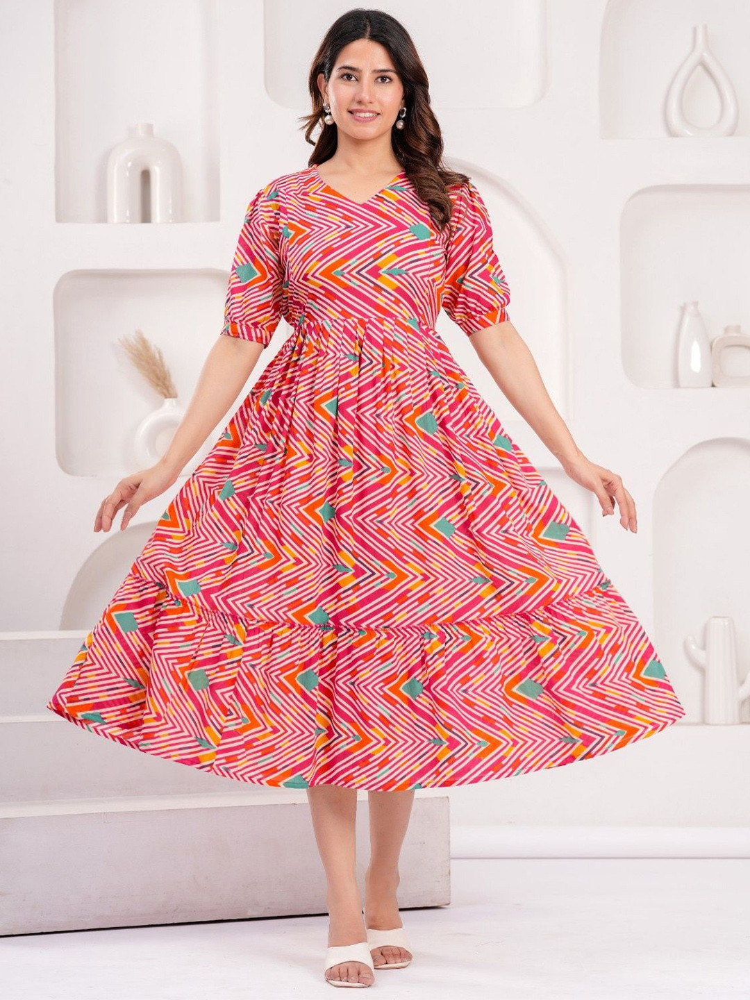 FEMARY Women V-Neck Chevron Print Puff Sleeve Cotton Maternity Gown