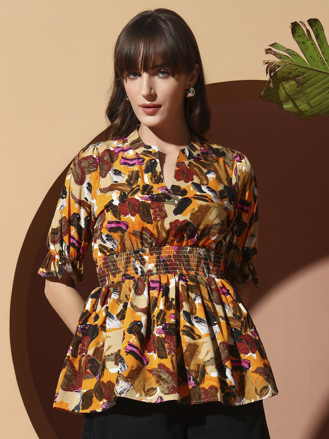 OTABU Women Printed Puff Sleeve Smocked Peplum Top