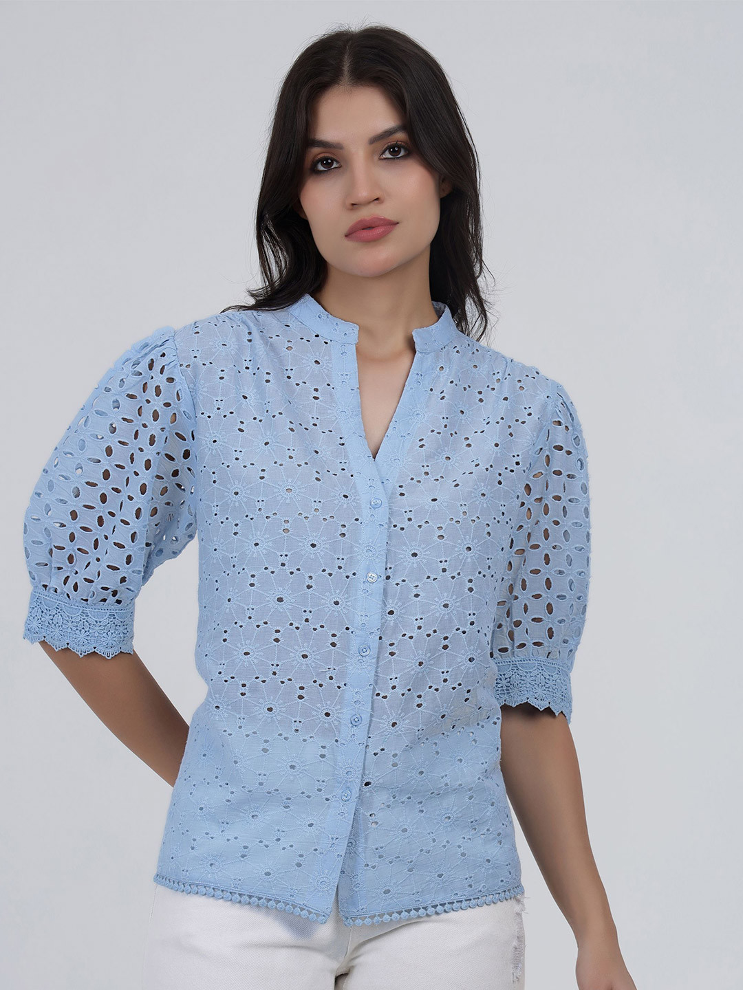 Peppinos Women Cotton Schiffli Floral Embroidered Mandarin Collar Shirt Style Top