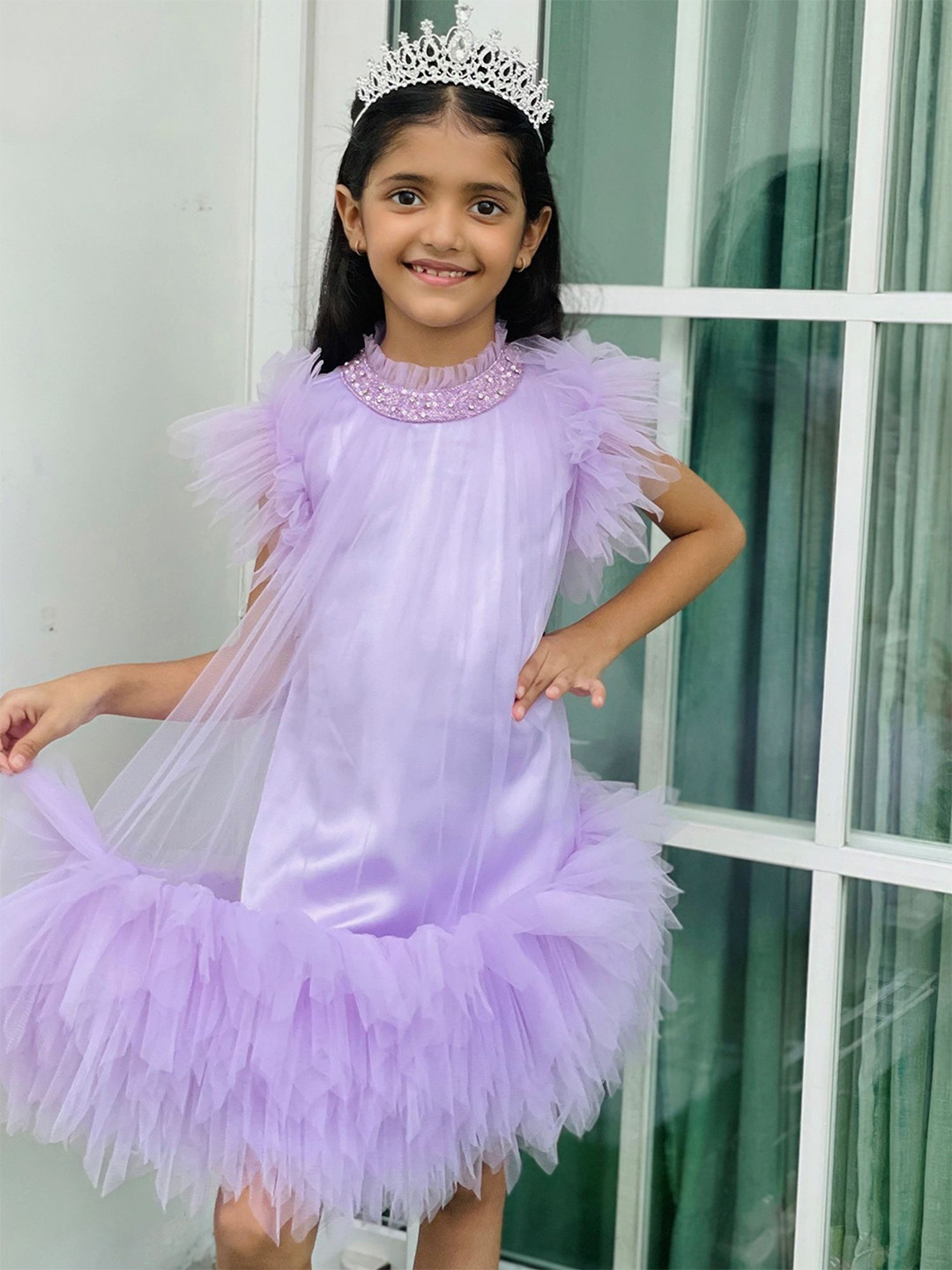 Alyaansh Couture Girls Embellished Sequin Net Short A-Line Dress