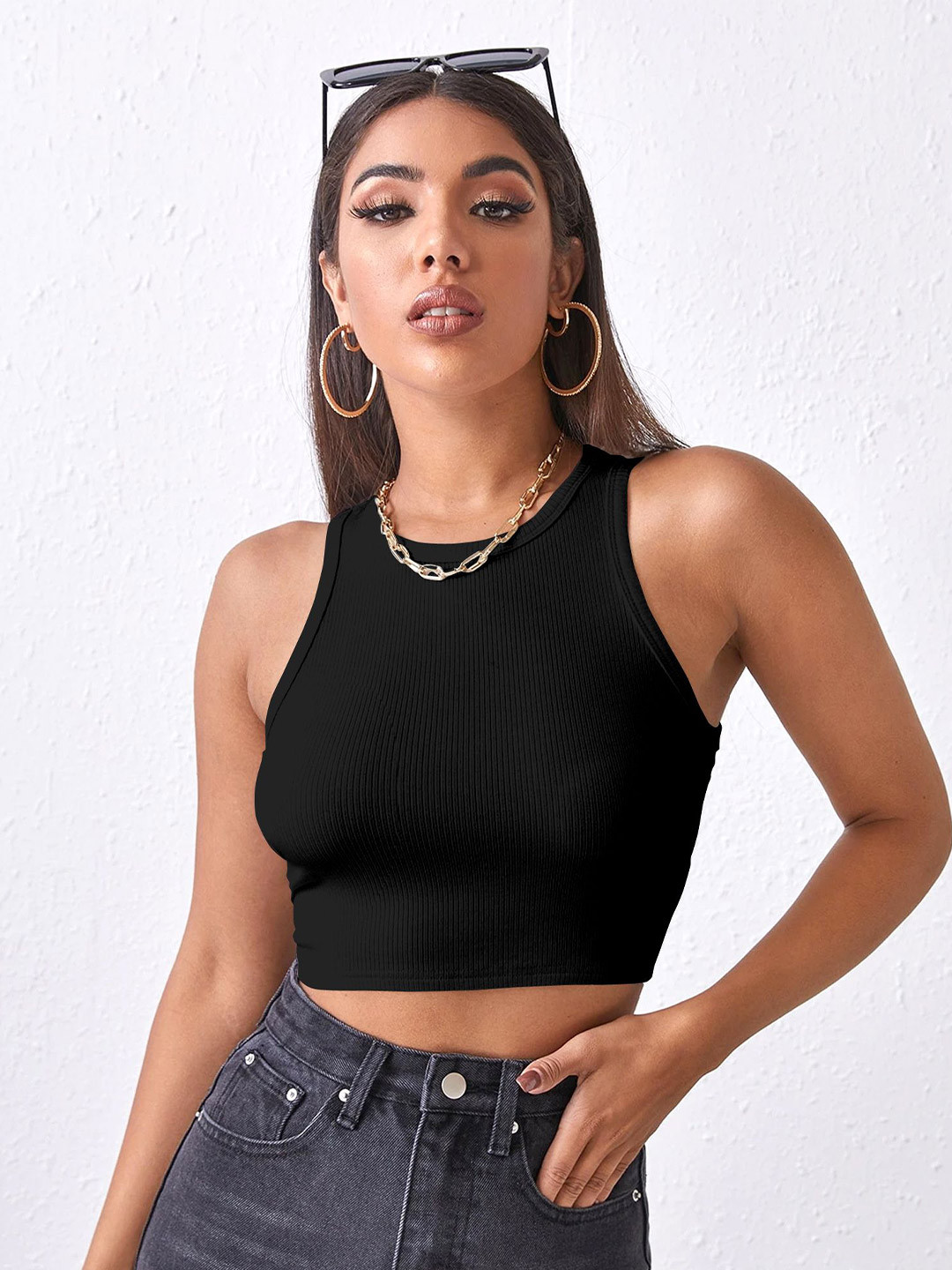 BerryBird Women Ribbed Round Neck Tank Crop Top