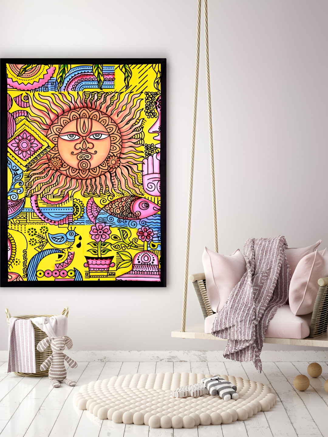 HANDICRAFT PALACE Yellow & Pink Sun Fish Bird Printed Pure Cotton Wall Hanging Tapestry