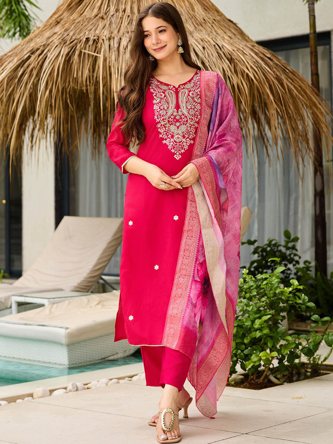 Brand Hill Floral Embroidered Thread Work Straight Kurta With Trousers & Dupatta