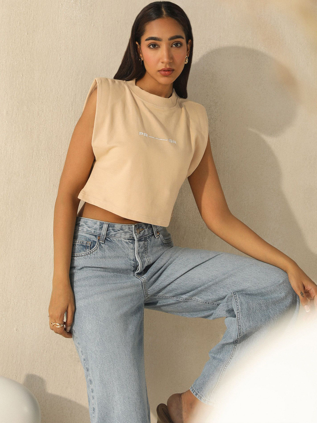 PRIMAL GRAY Rolled Shoulder Crop Top
