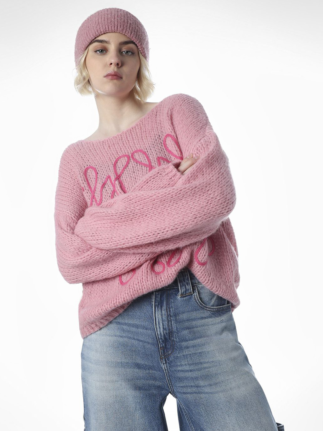 ONLY Onlalyssa Life Open Knit Boat Neck Pullover With Embroidered Detail