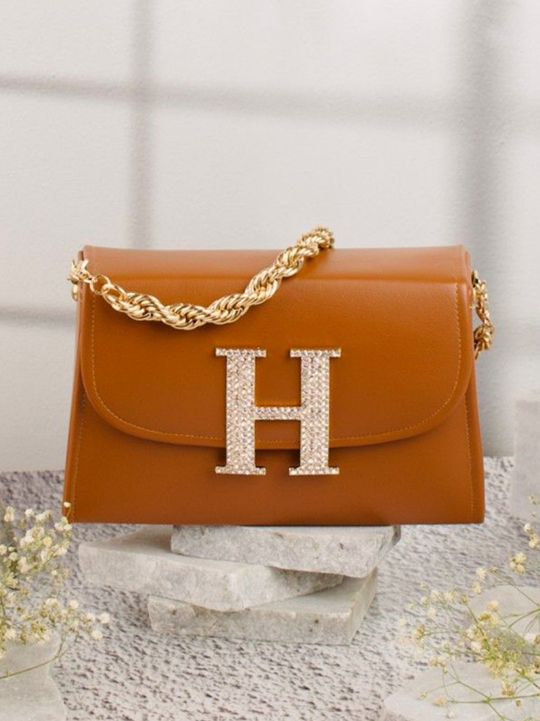 NR By Nidhi Rathi Embellished H Alphabet Initial Leather Box Clutch