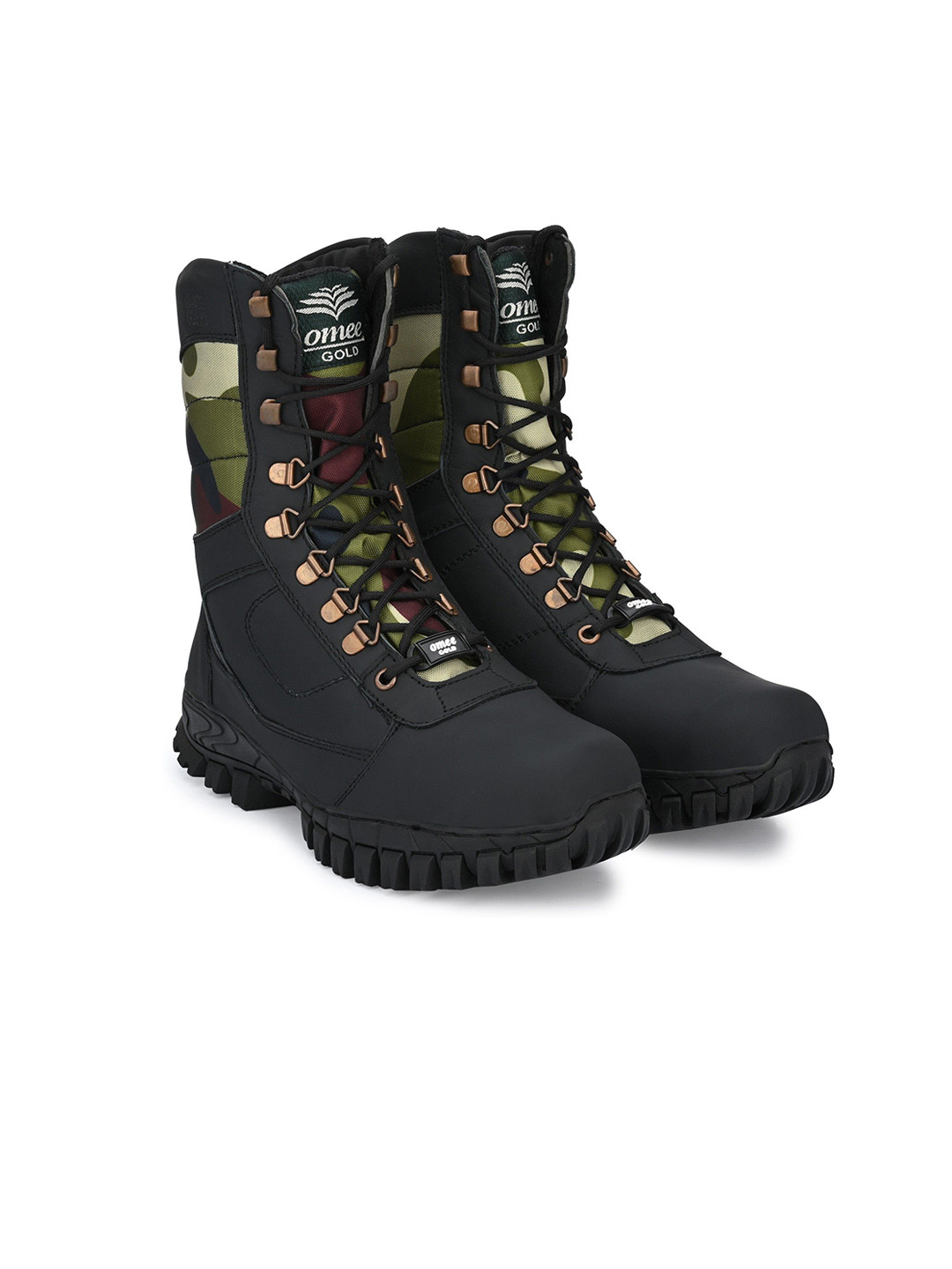 OMEE GOLD Men's Black Leather Tactical Combat Ring print NCC/Army/Military Boot Boots