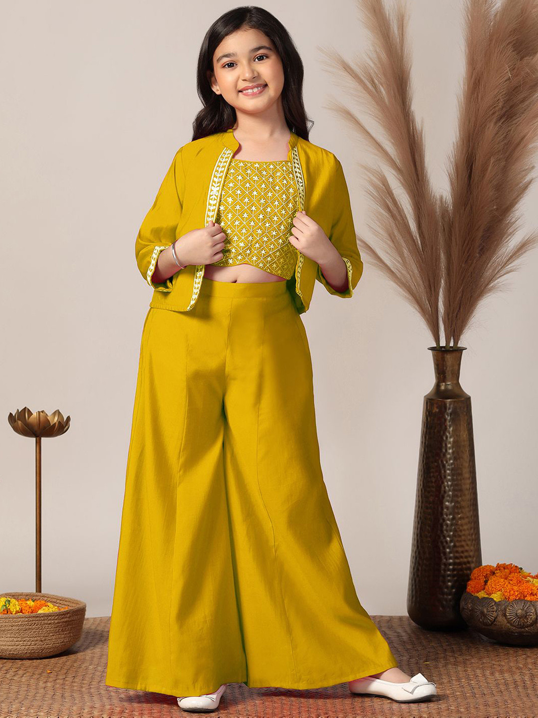 BAESD Girls Embroidered Crop Top & Palazzo With Jacket