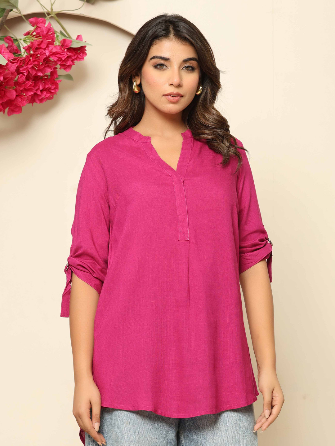 KASYA Women Solid V-Neck Short Sleeves Shirt Style Top