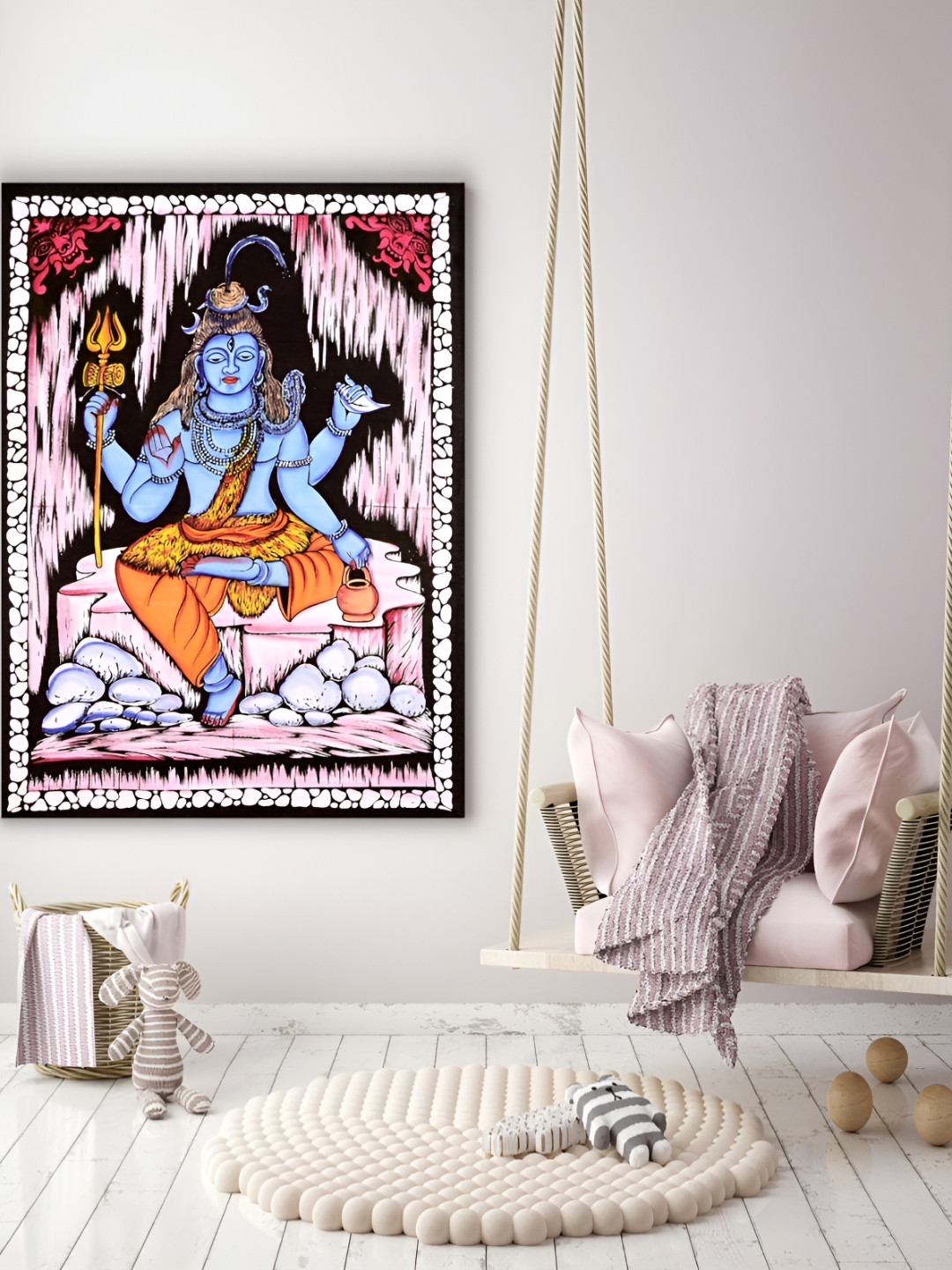 HANDICRAFT PALACE Blue & Pink Lord Shiva Printed Pure Cotton Wall HangingTapestry