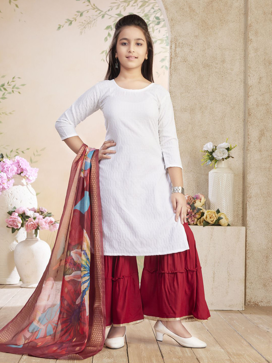 BAESD Girls Woven Design Woven Design Round Neck Cotton Kurta