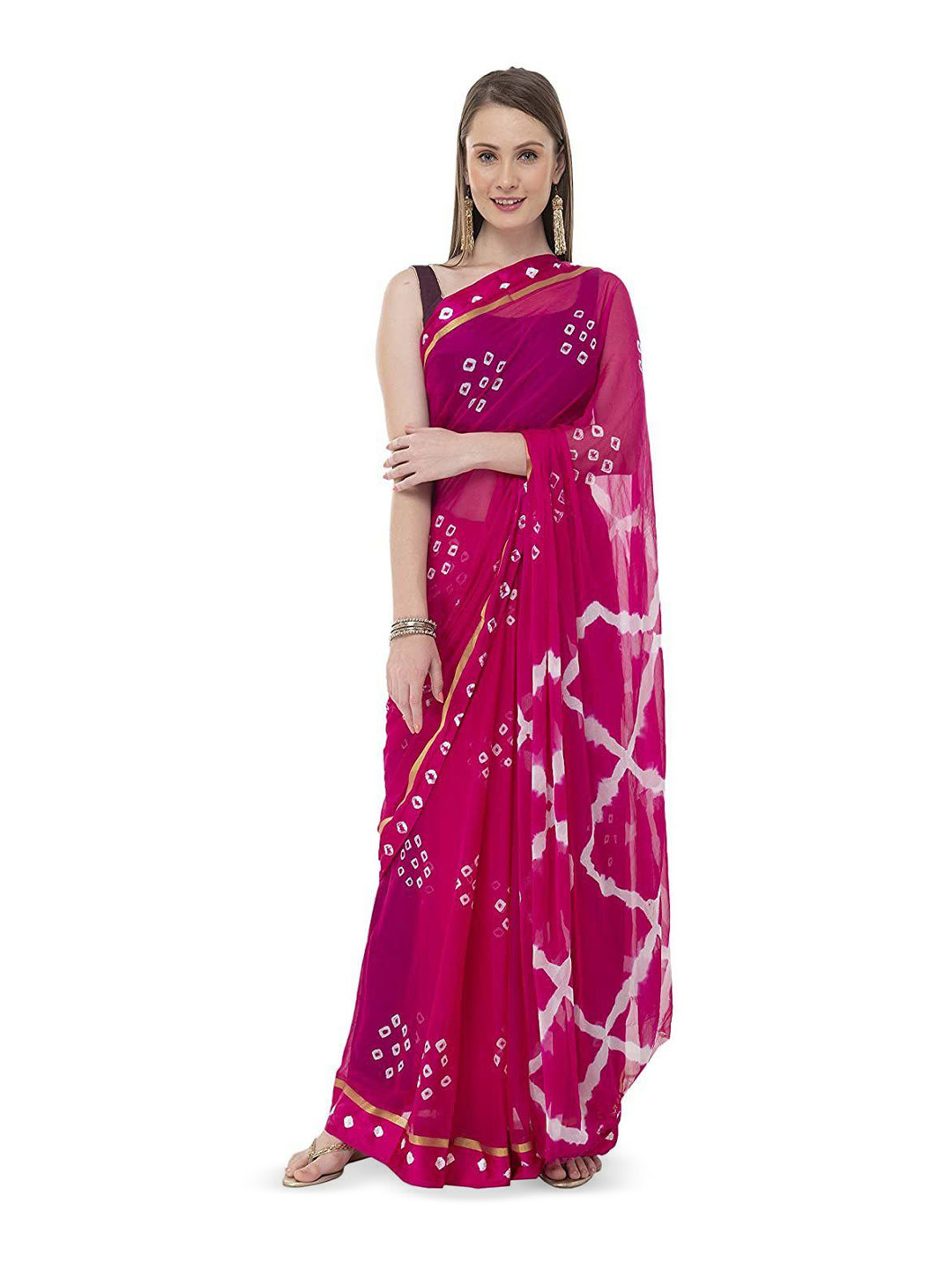 DURGA EMPORIO Printed Zari Pure Chiffon Bandhani Saree With Unstiched Blouse Piece