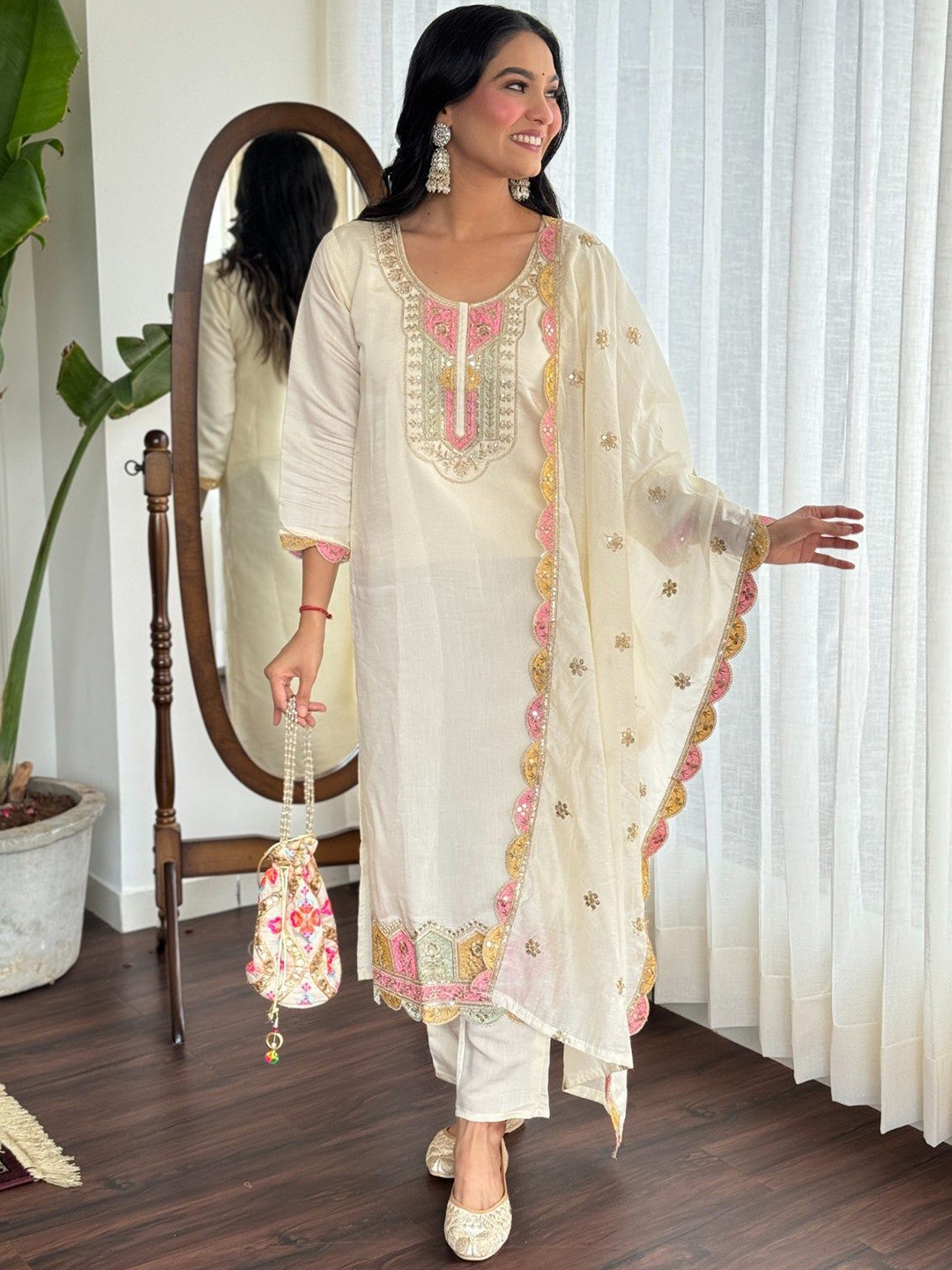 SheChoiceFAB Floral Embroidered Sequinned Straight Kurta With Palazzos & Dupatta