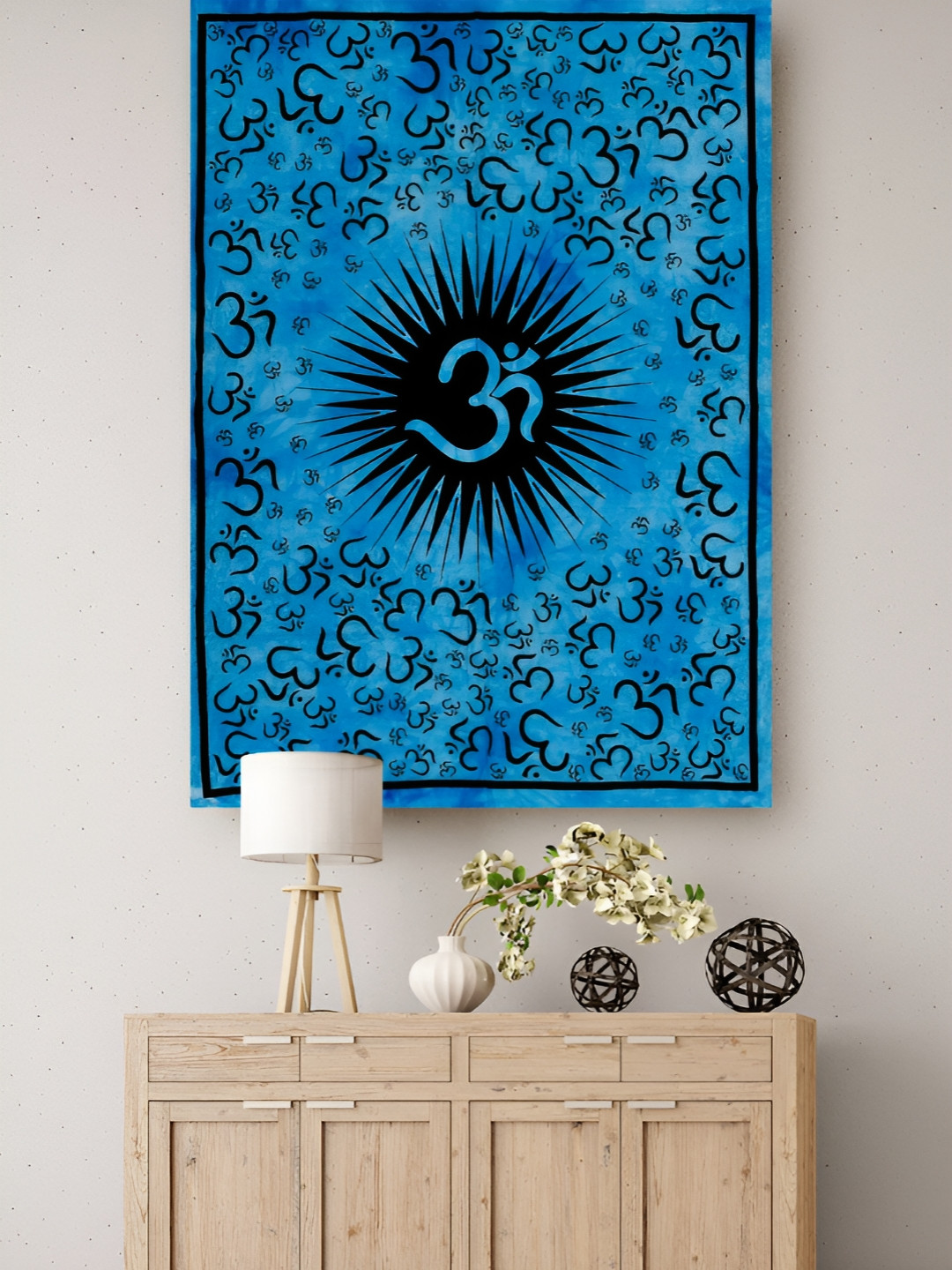HANDICRAFT PALACE Turquoise Blue & Black Om Printed Pure Cotton Wall Hanging Tapestry