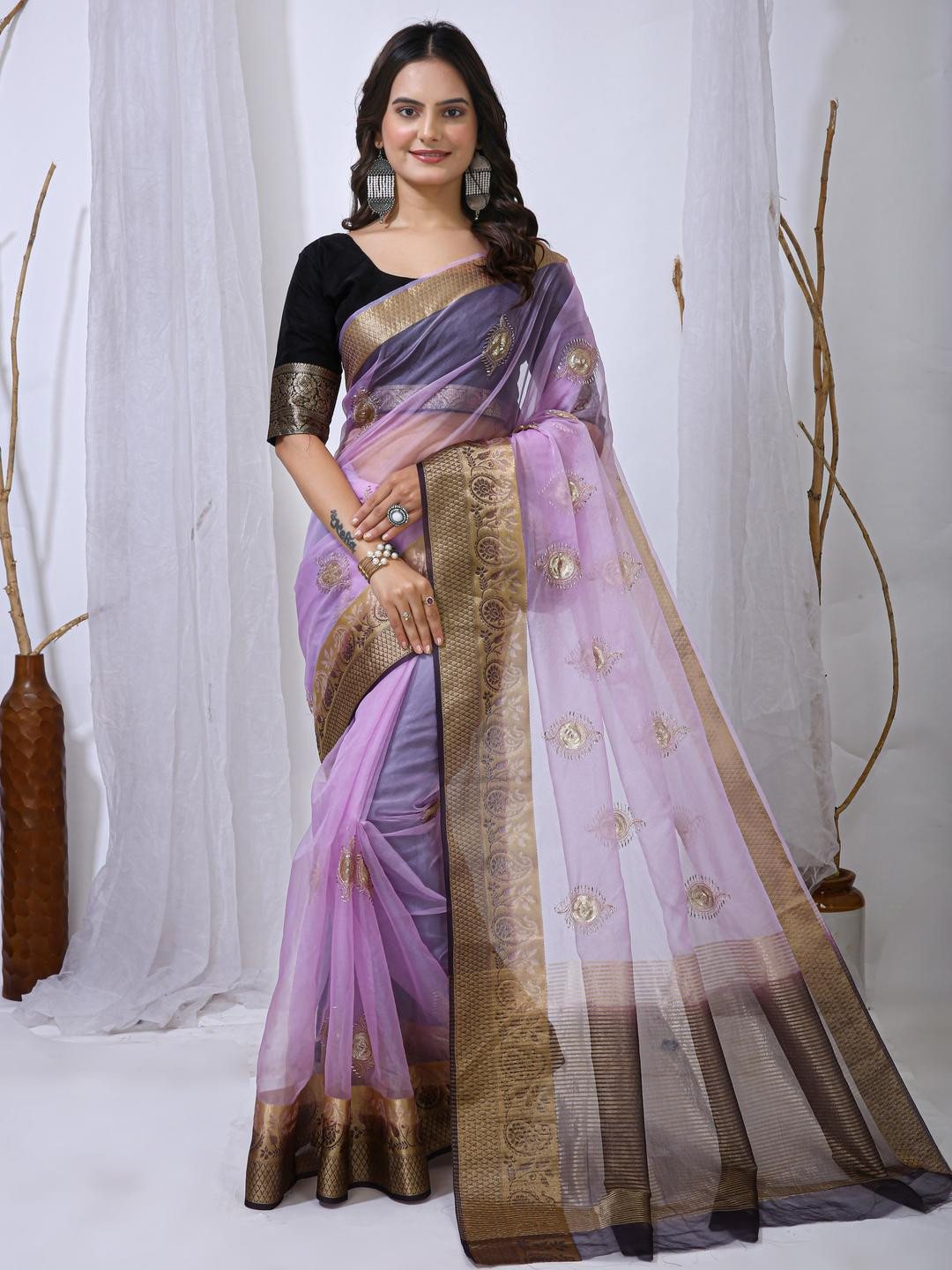 KALINI Lavender Organza Embellished Sarees