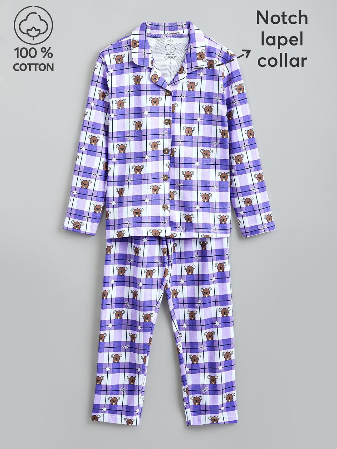 Hopscotch Girls Purple Checked Teddy Bear Printed Cotton Night suits