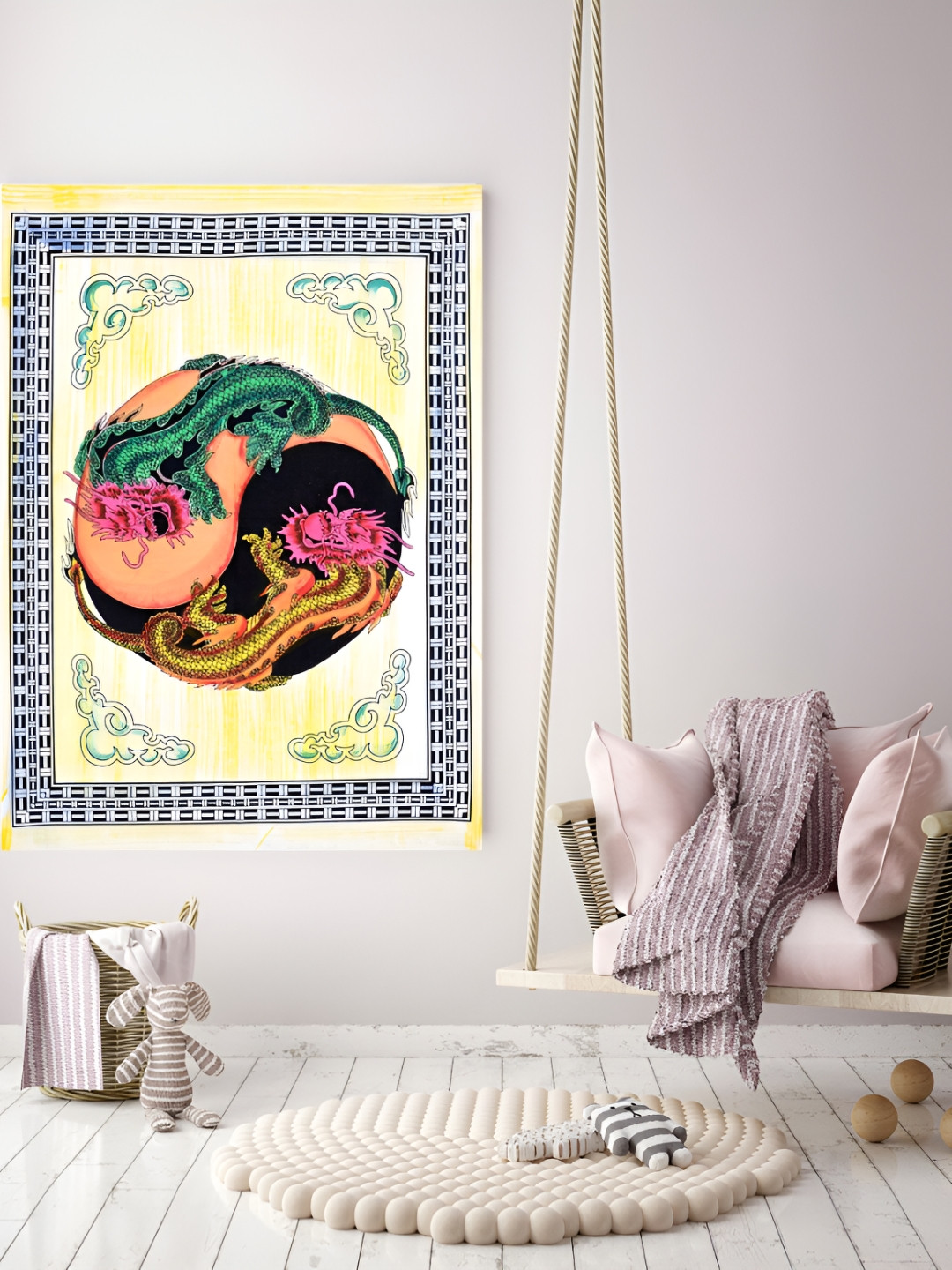 HANDICRAFT PALACE White & Yellow Dragon Yin Yang Mandala Printed Wall Hanging Tapestry