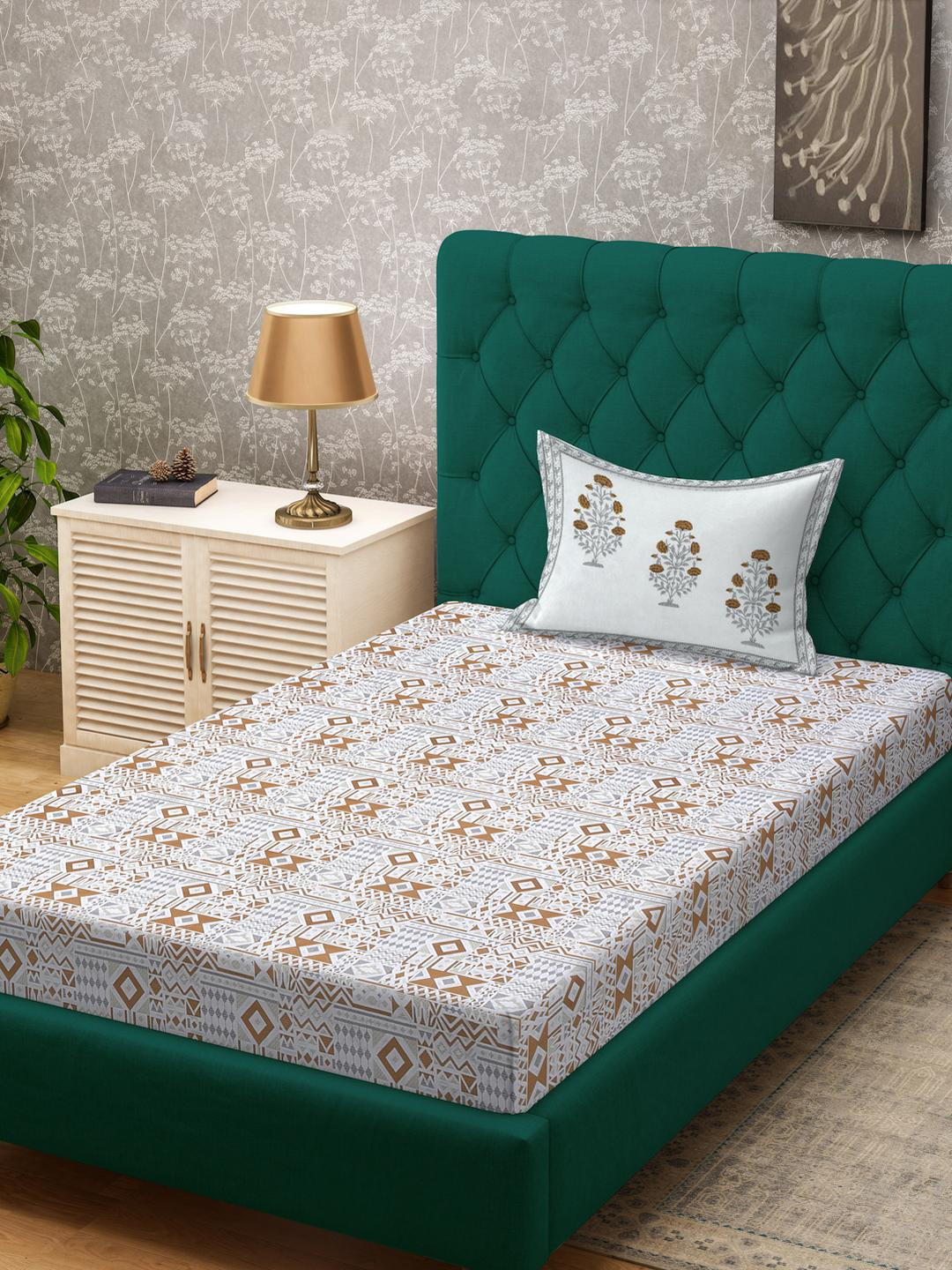 KLOTTHE Mustard Geometric 400 TC Single Bedsheet Set