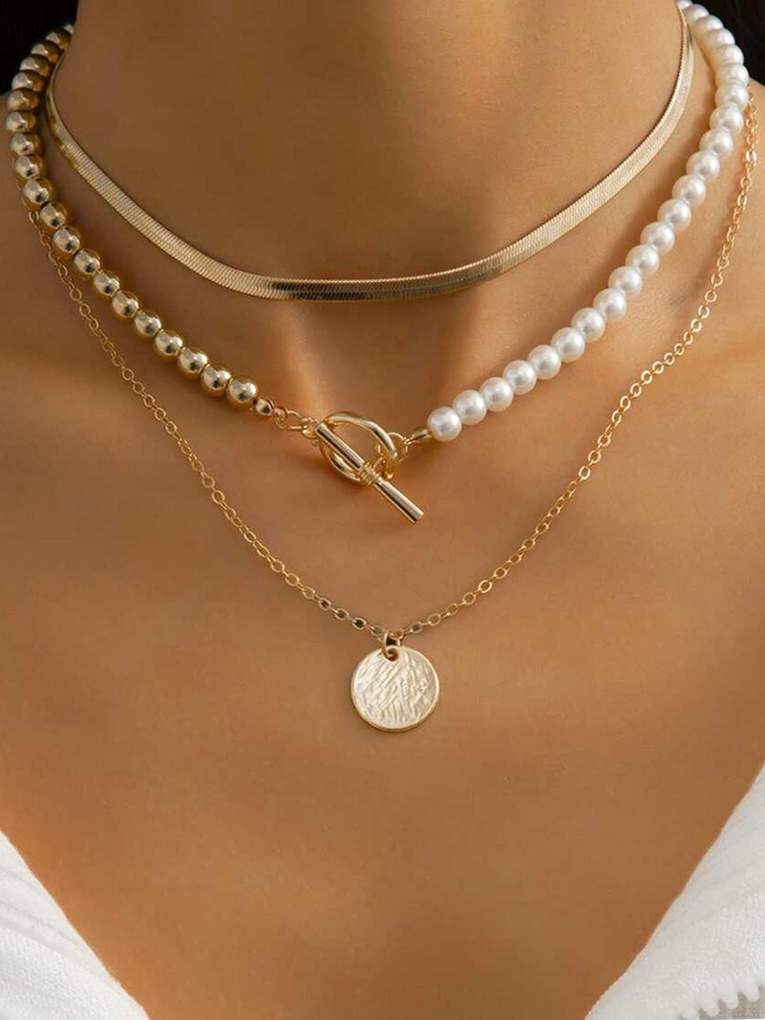 DressBerry Women 3 Pcs Gold-Toned Pearl Multi Layer Handcrafted Necklace