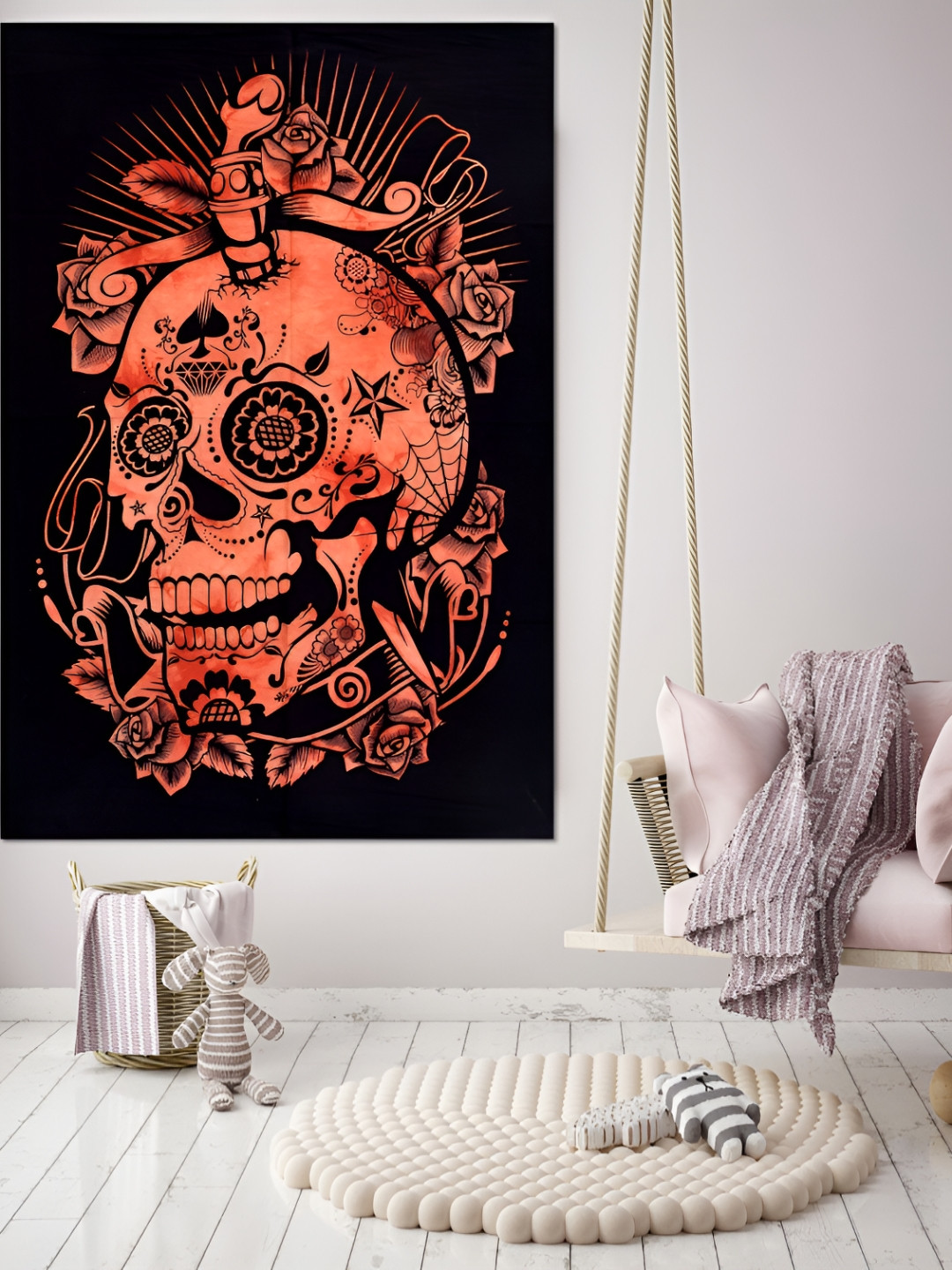 HANDICRAFT PALACE Orange-Coloured Skull Floral Printed Pure Cotton Wall Hanging Tapestry