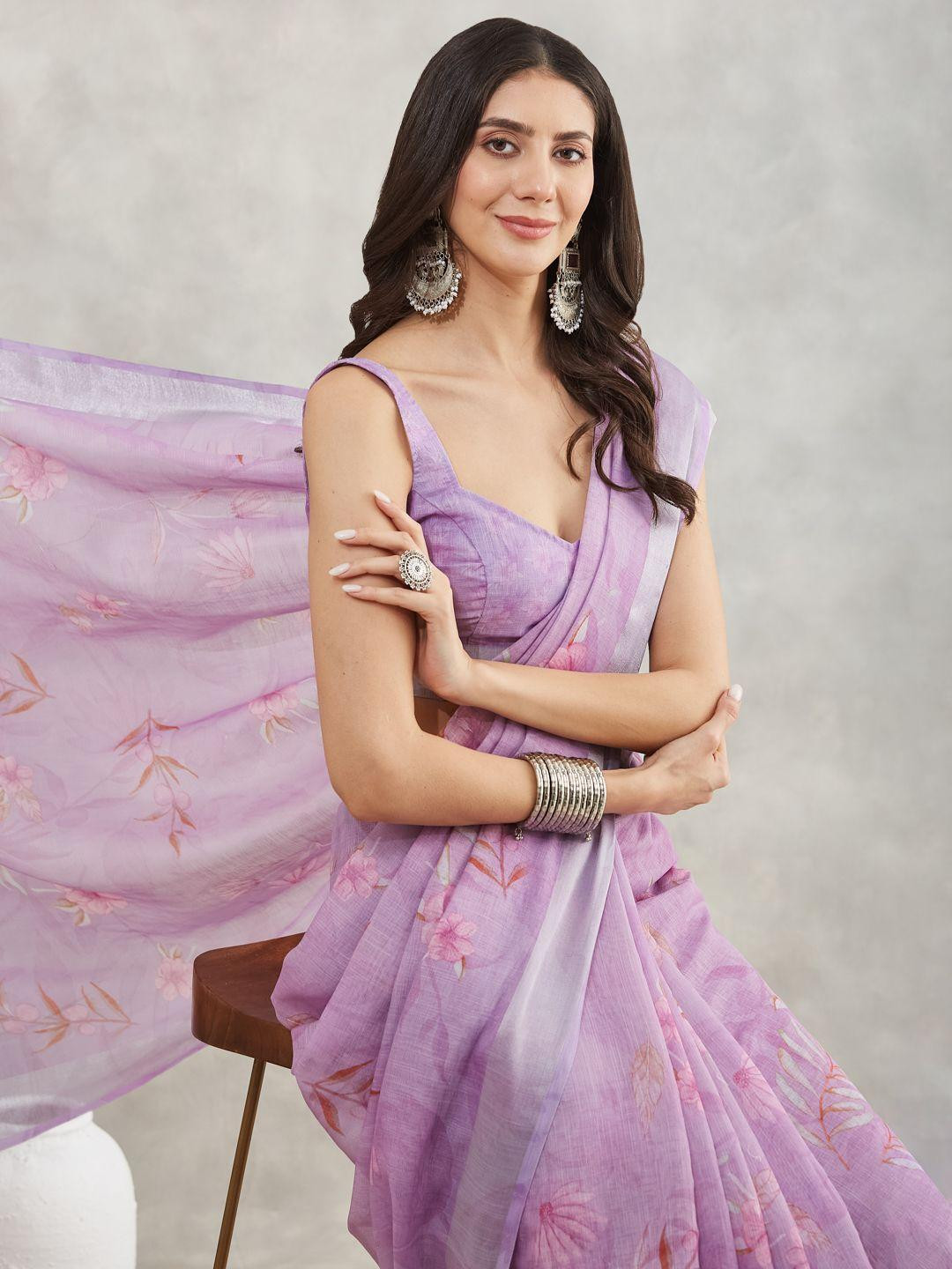 Janasya Women Lavender Linen Floral Printed Saree with Blouse Piece