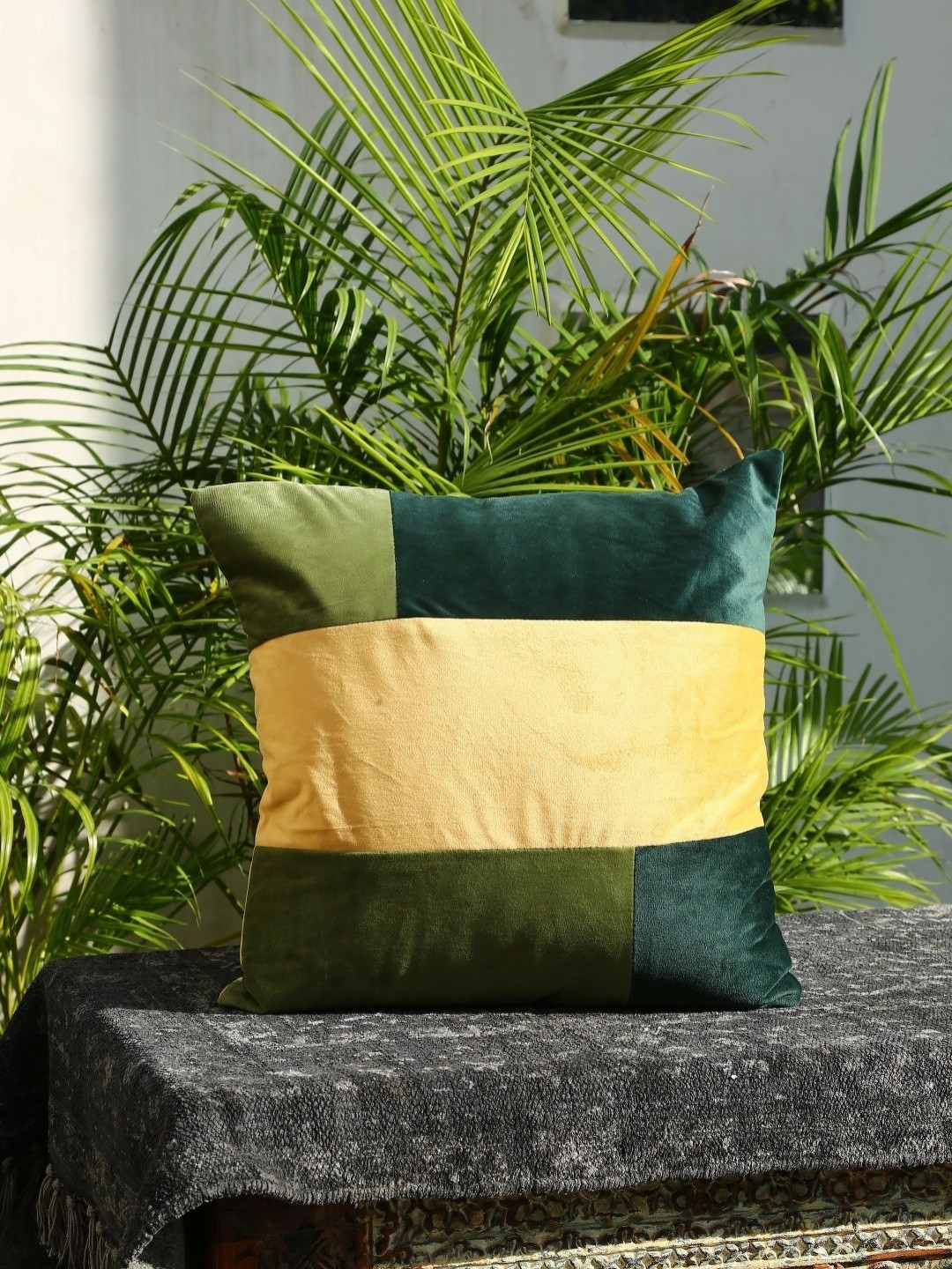 Revive Home Green & Yellow Colourblocked Square Cushion Covers
