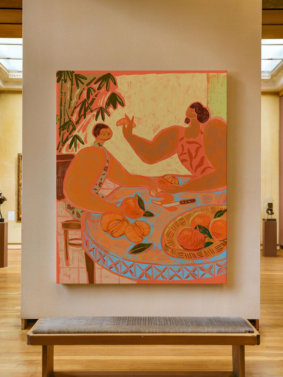 ASIAN MONK Orange & Beige Wooden Abstract Wall Painting