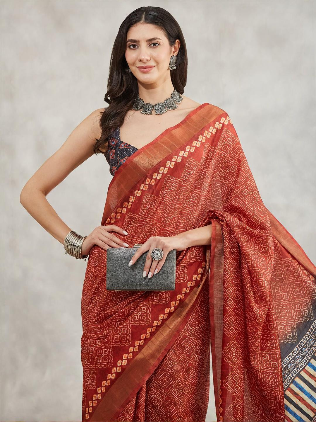 Janasya Women's Rust Orange Silk Blend Bandhani Printed Saree with Blouse Piece