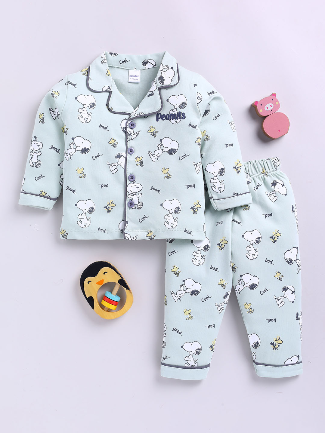 Moms Love Infant Boys Peanuts Printed Pure Cotton Night Suit - MLS24556PNBNWTO_GREEN